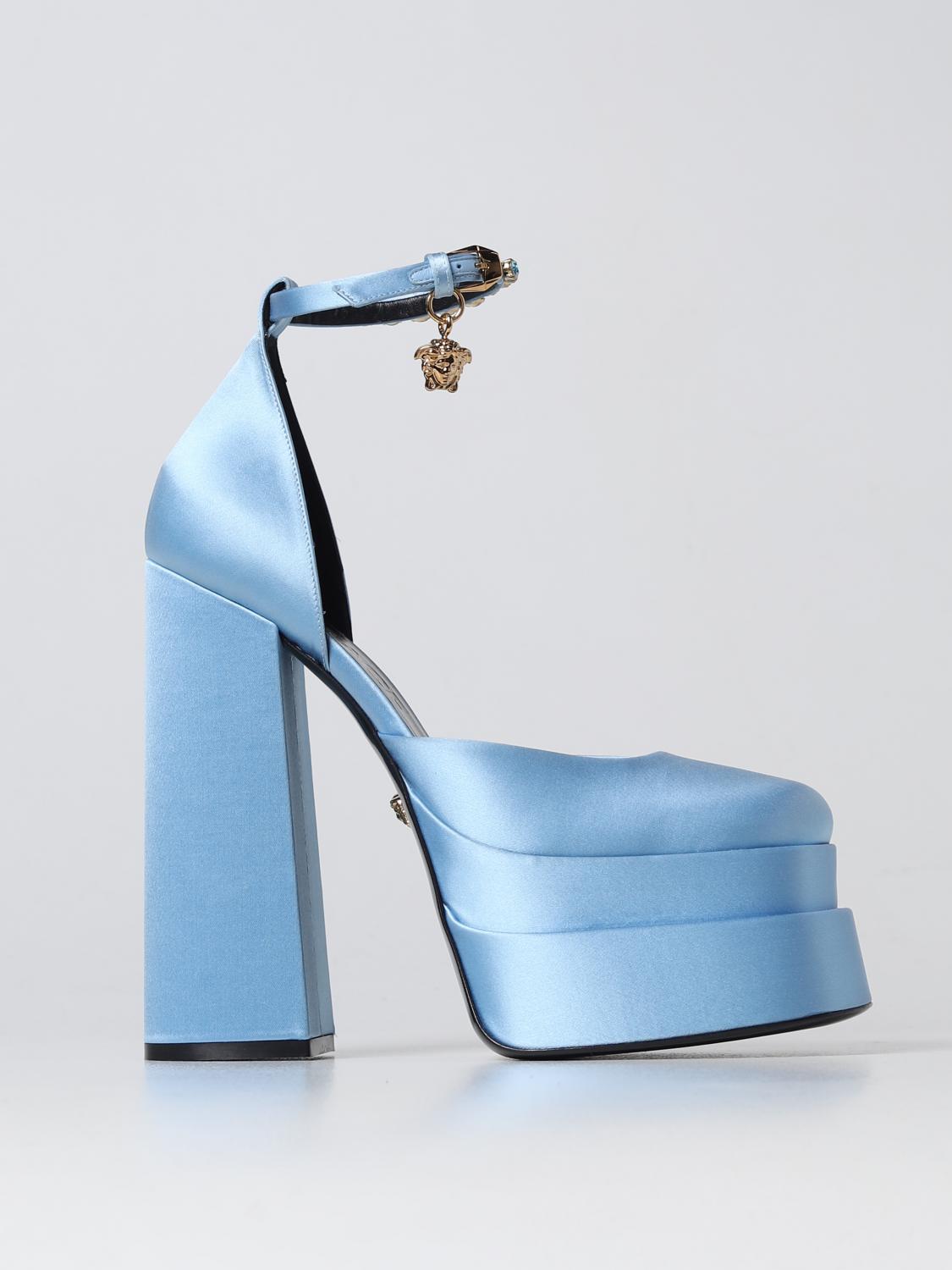 VERSACE HIGH HEEL SHOES: Medusa Aevitas Versace satin décolléte with platform with charm, Gnawed Blue - Img 1