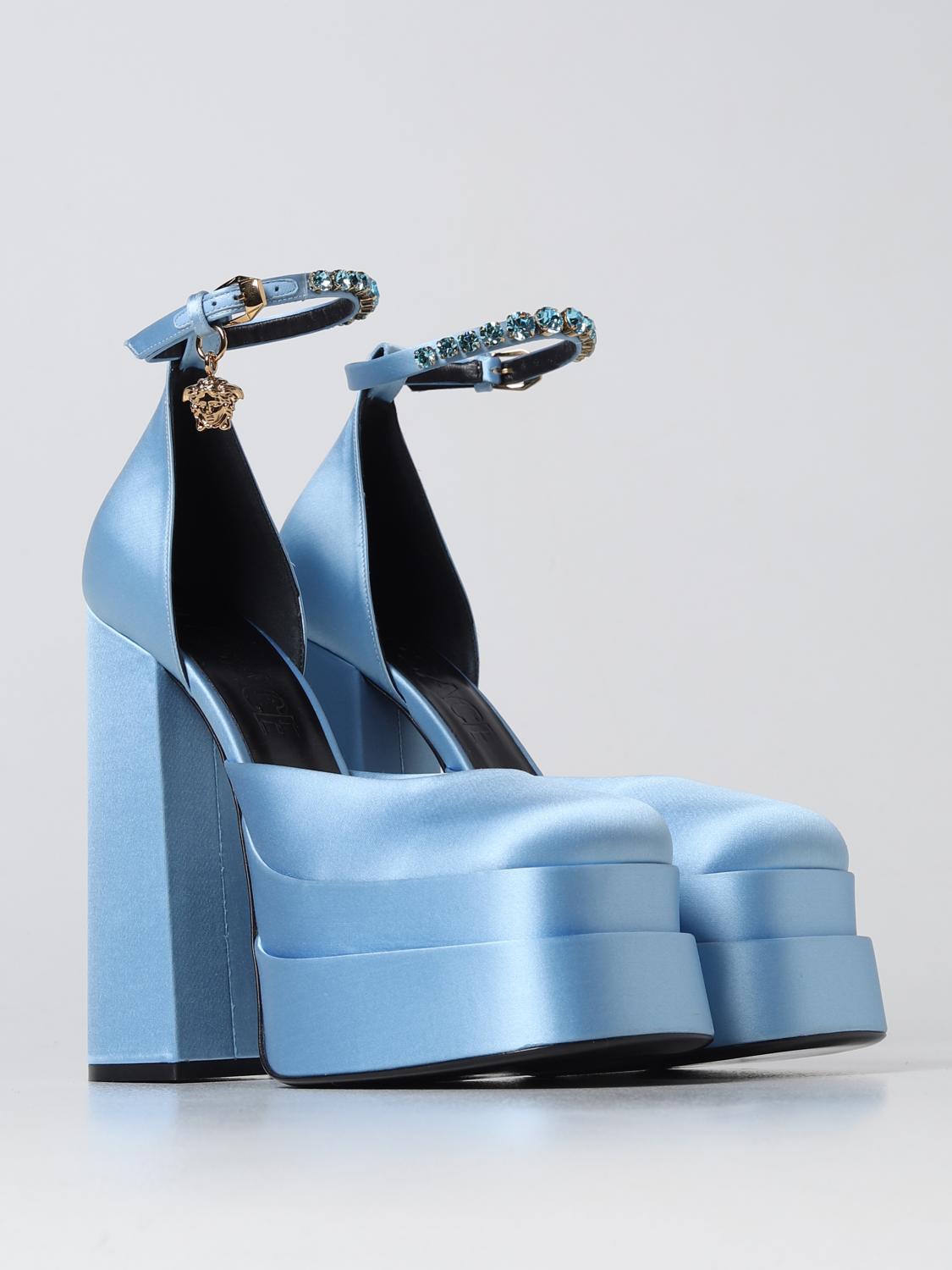 VERSACE HIGH HEEL SHOES: Medusa Aevitas Versace satin décolléte with platform with charm, Gnawed Blue - Img 2
