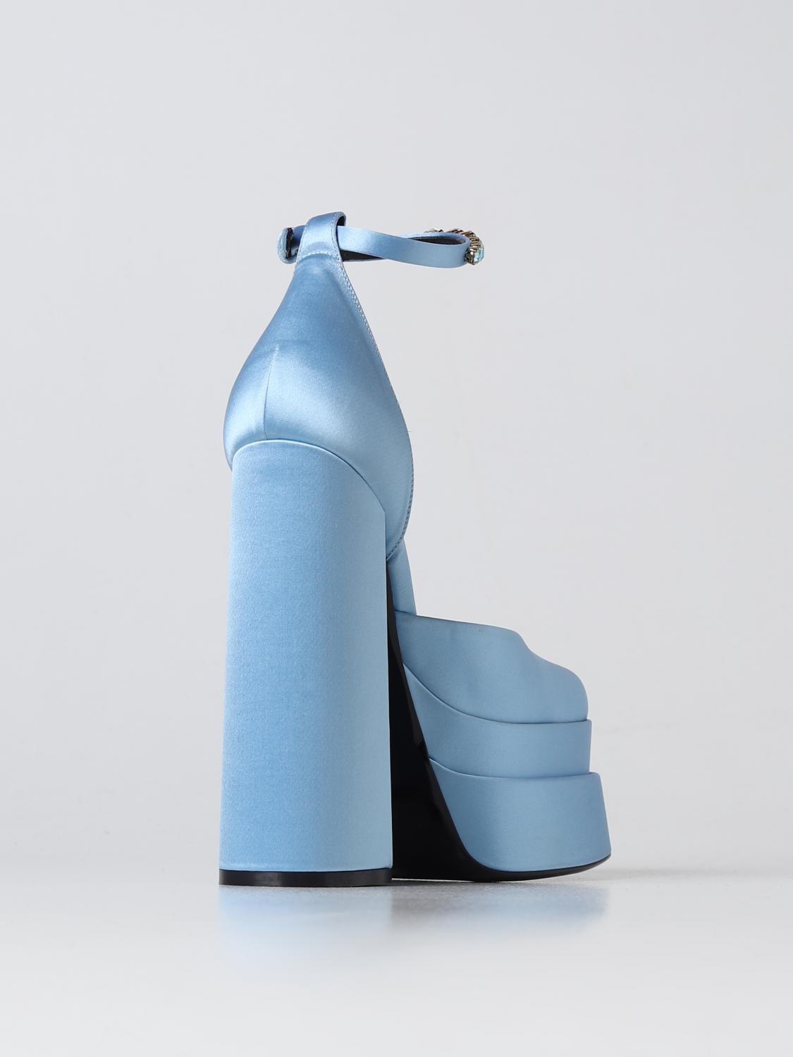 VERSACE HIGH HEEL SHOES: Medusa Aevitas Versace satin décolléte with platform with charm, Gnawed Blue - Img 3