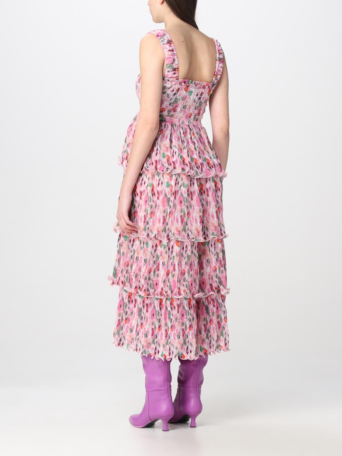 ganni pink georgette dress NEW GANNI Pleated Georgette Mini TIERED DRESS SIZE 36 $235 CHERRY BLOSSOM