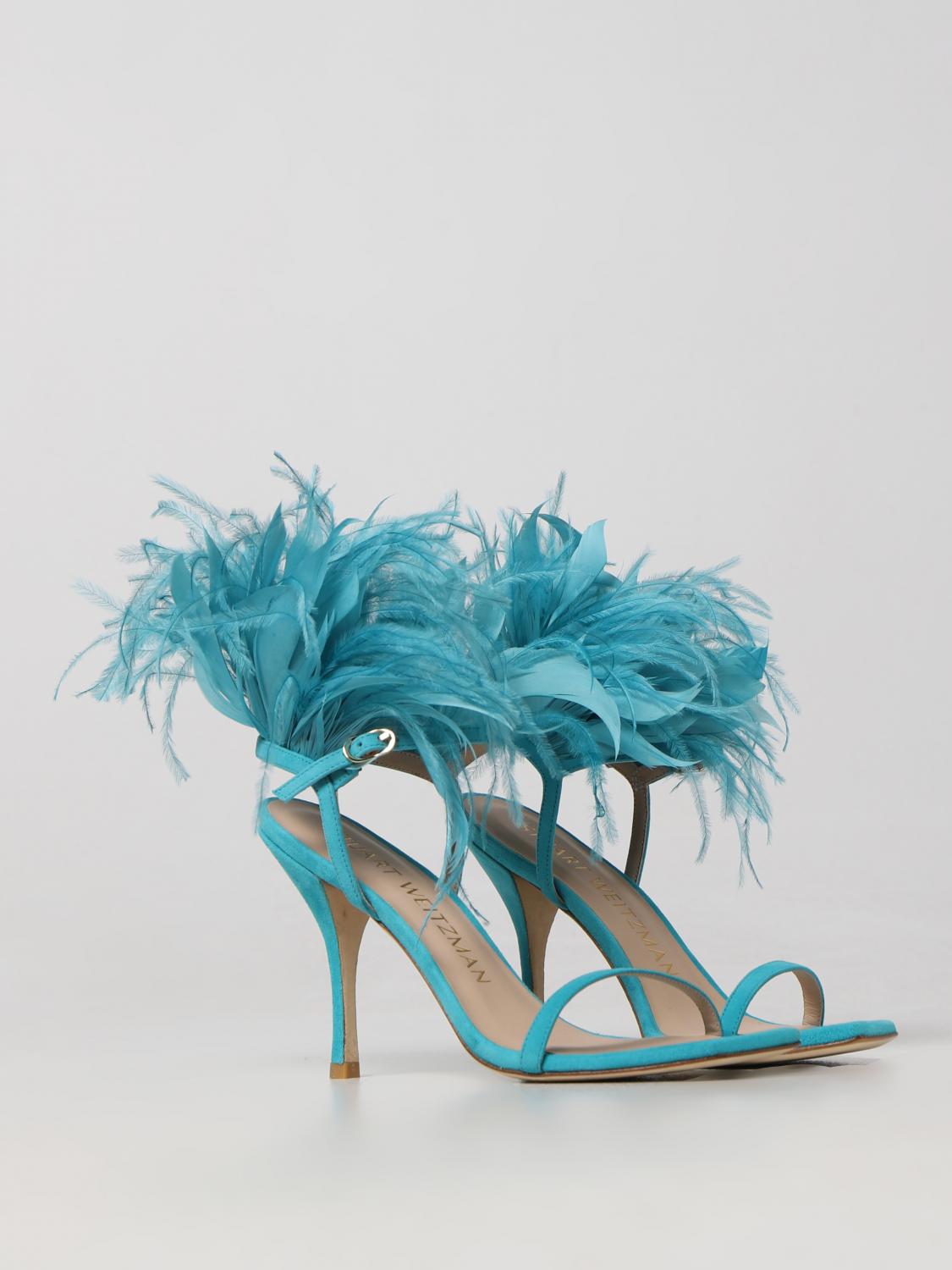 STUART WEITZMAN SANDALI CON TACCO: Sandalo Plume Stuart Weitzman in camoscio con piume applicate , Azzurro - Img 2