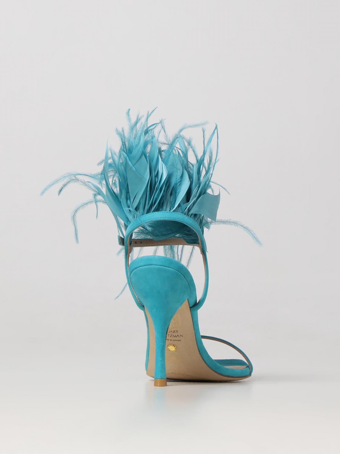 STUART WEITZMAN SANDALI CON TACCO: Sandalo Plume Stuart Weitzman in camoscio con piume applicate , Azzurro - Img 3