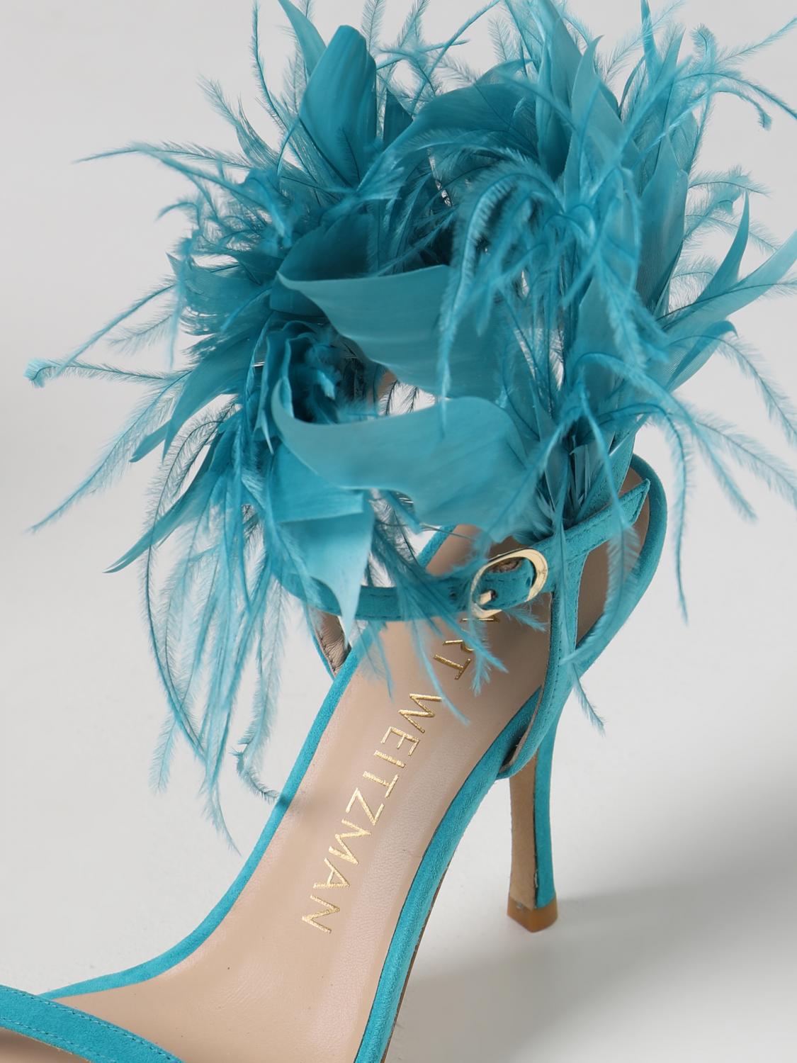 STUART WEITZMAN SANDALI CON TACCO: Sandalo Plume Stuart Weitzman in camoscio con piume applicate , Azzurro - Img 4