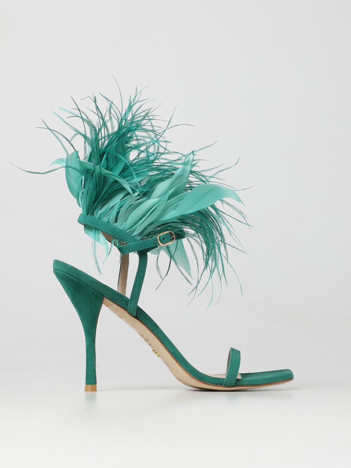STUART WEITZMAN SANDALI CON TACCO: Sandalo Plume Stuart Weitzman in camoscio con piume applicate , Verde - Img 1