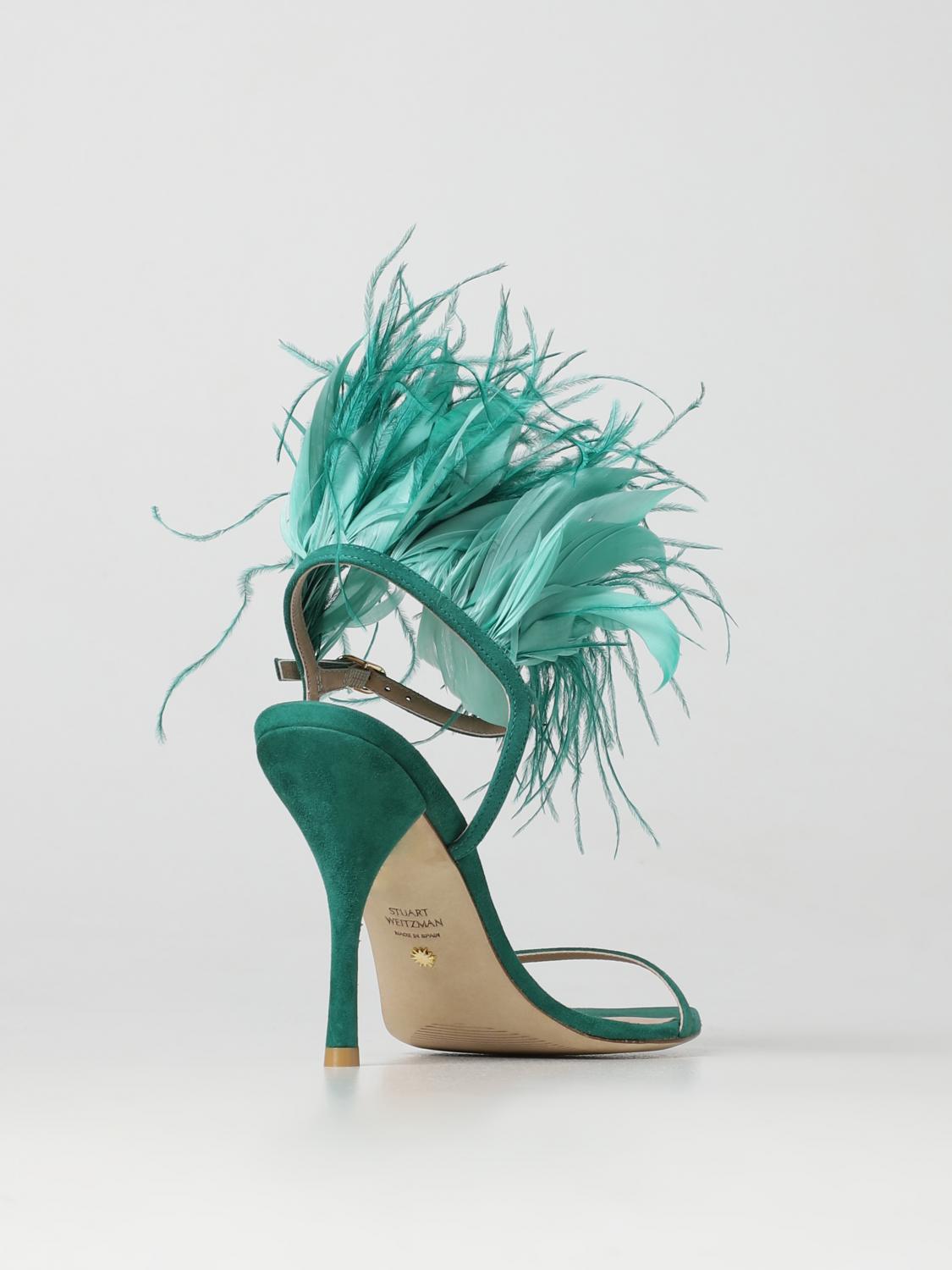 STUART WEITZMAN SANDALI CON TACCO: Sandalo Plume Stuart Weitzman in camoscio con piume applicate , Verde - Img 3