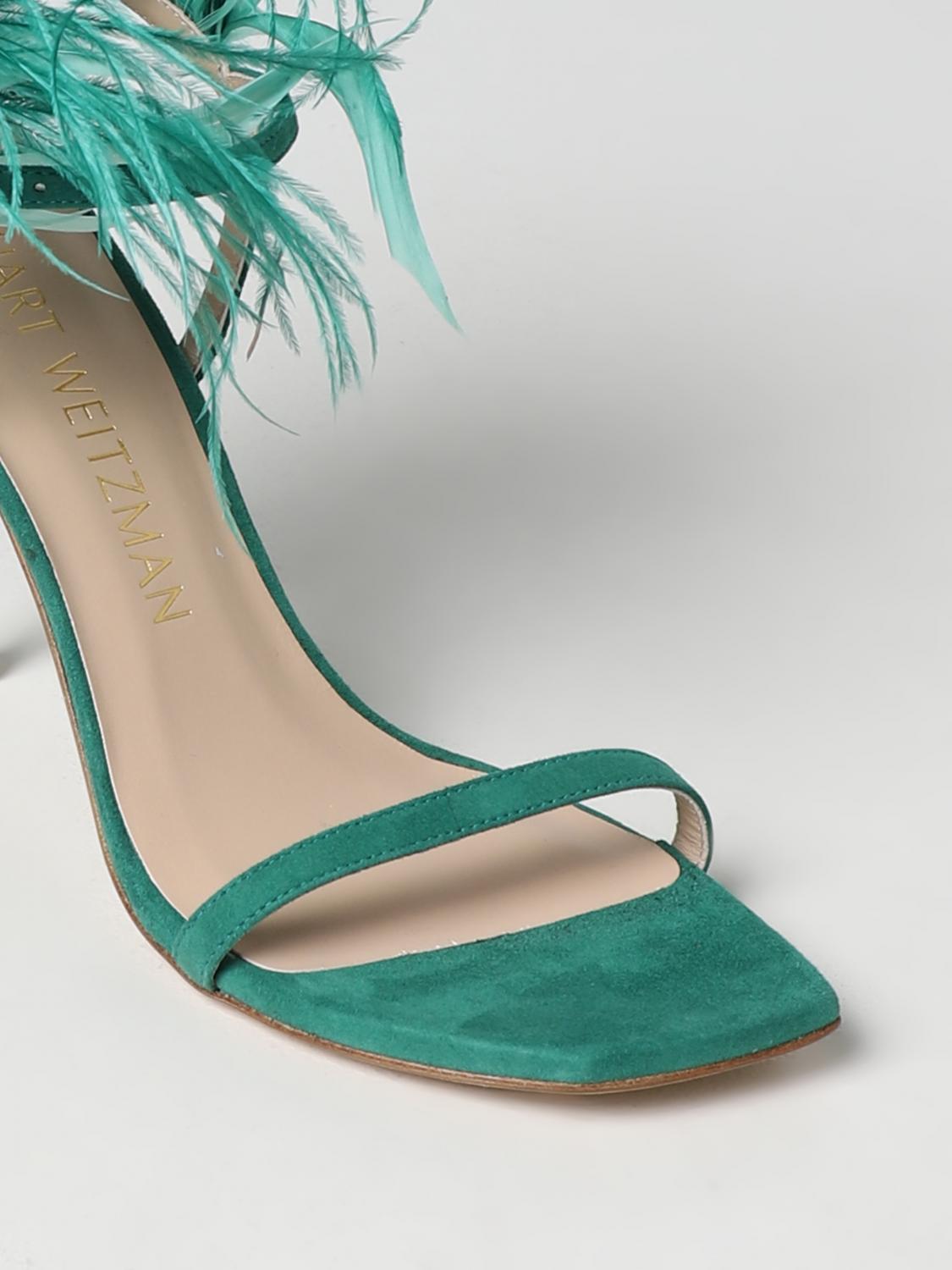 STUART WEITZMAN SANDALI CON TACCO: Sandalo Plume Stuart Weitzman in camoscio con piume applicate , Verde - Img 4