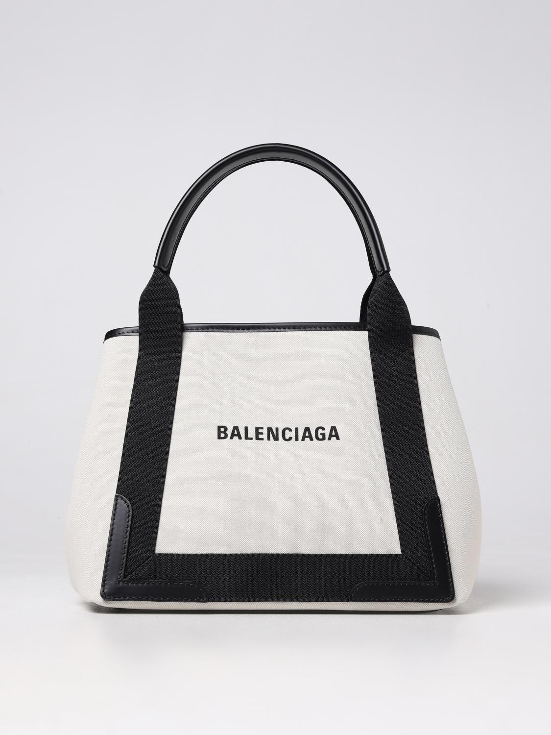 BALENCIAGA BORSA A MANO: Borsa Cabas Navy S Balenciaga in canvas con lettering logo stampato, Bianco - Img 1