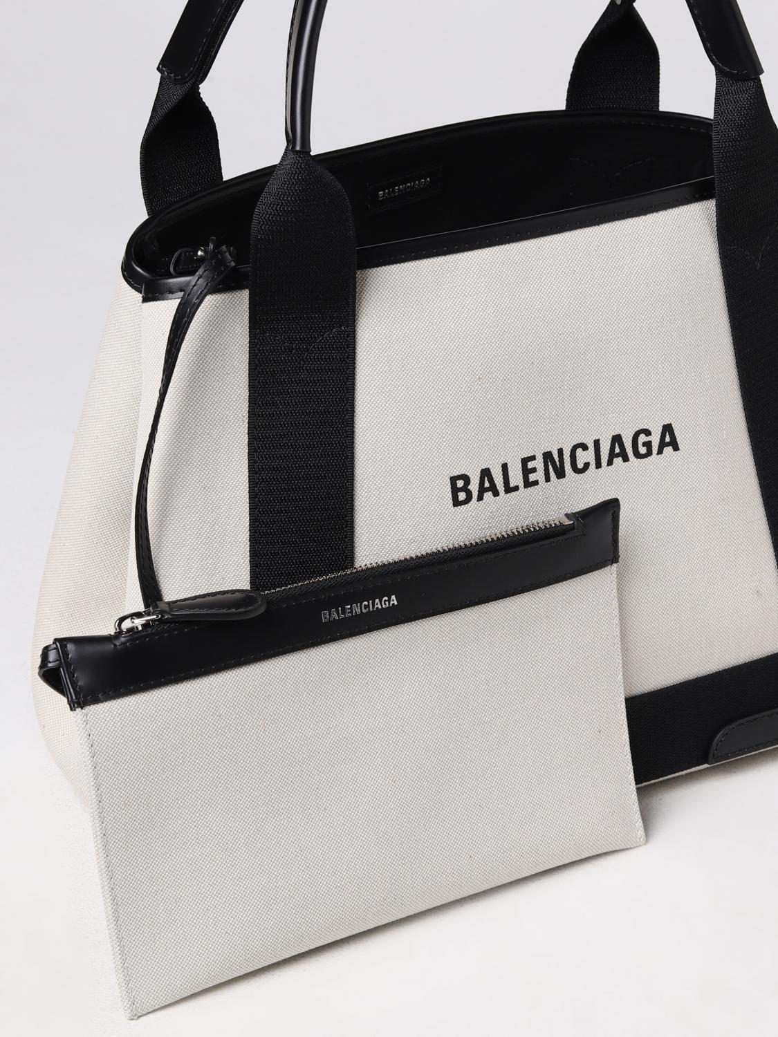 BALENCIAGA BORSA A MANO: Borsa Cabas Navy S Balenciaga in canvas con lettering logo stampato, Bianco - Img 4