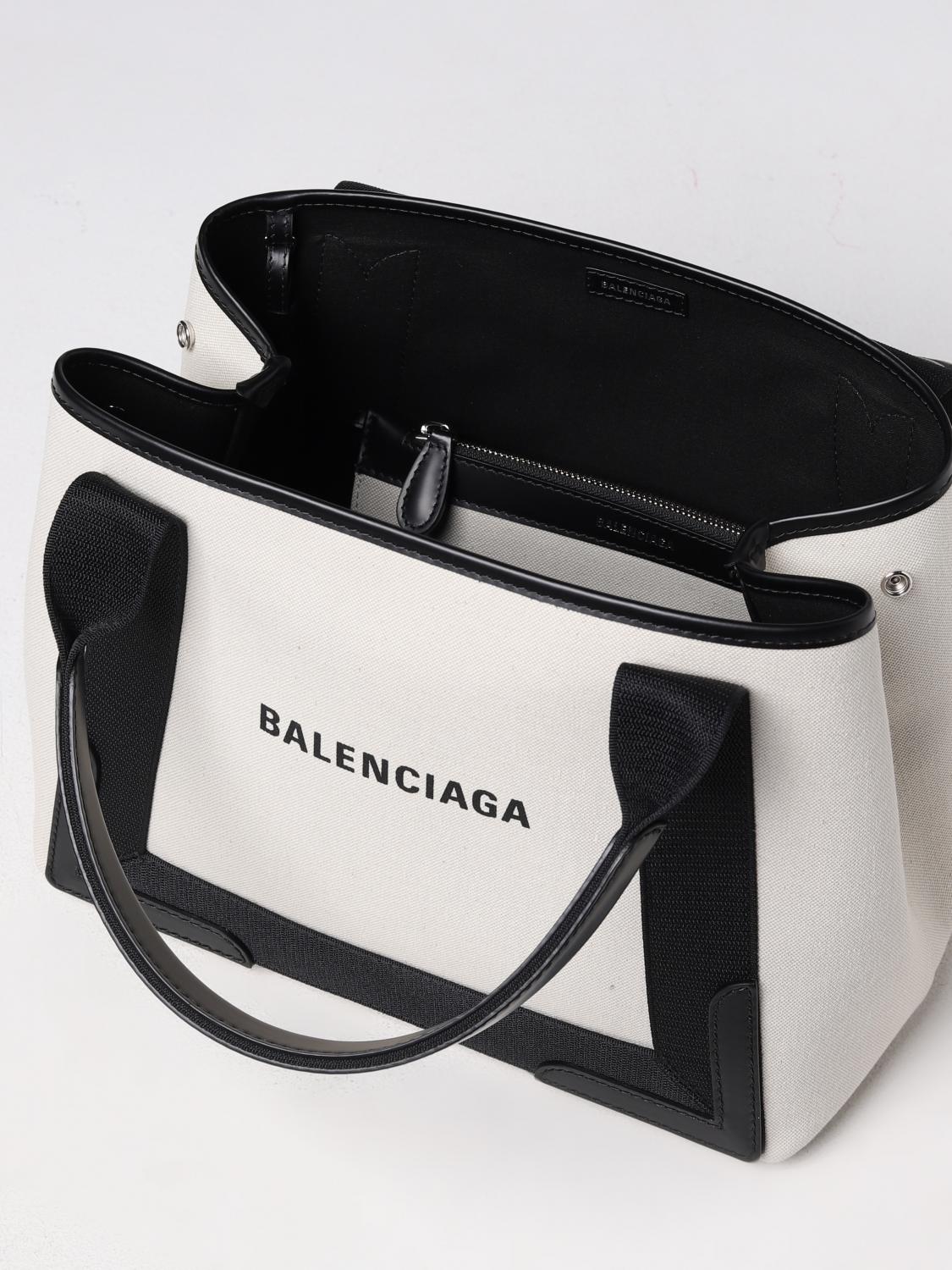 BALENCIAGA BORSA A MANO: Borsa Cabas Navy S Balenciaga in canvas con lettering logo stampato, Bianco - Img 5