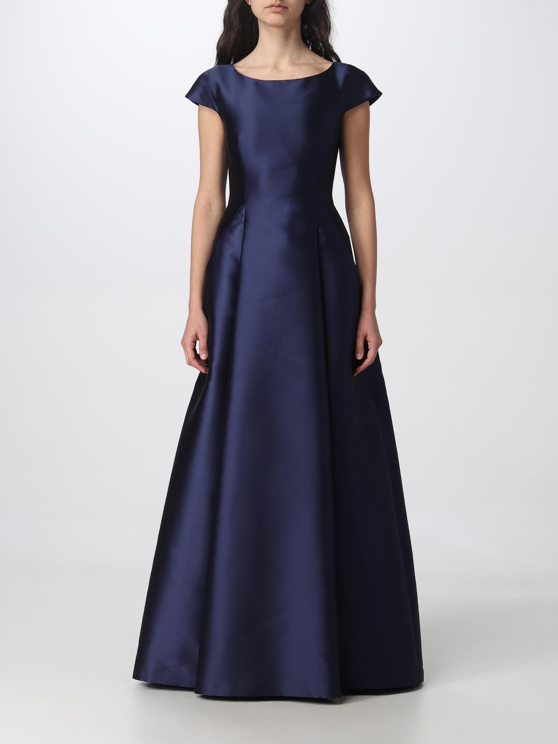 alberta ferretti blue dress Shiny satin long dress with cape