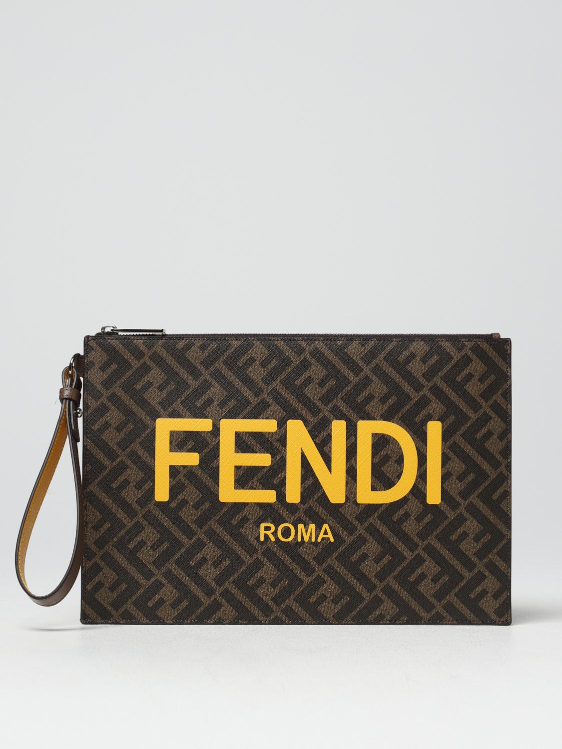 FENDI PORTADOCUMENTI: Pouch Fendi in cotone spalmato con monogram FF all over, Tabacco - Img 1
