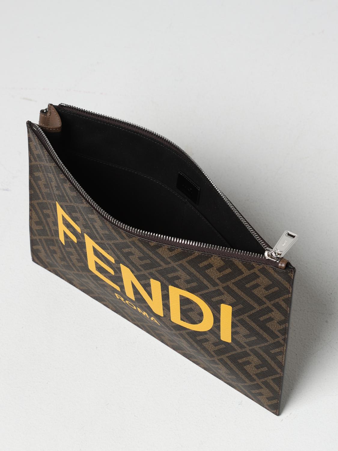 FENDI PORTADOCUMENTI: Pouch Fendi in cotone spalmato con monogram FF all over, Tabacco - Img 4