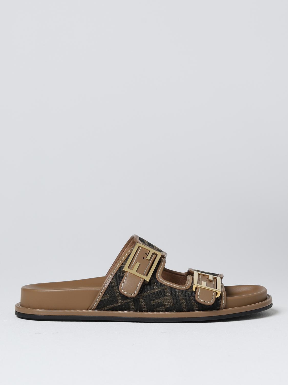 FENDI: Feel sandals in leather and fabric with jacquard FF