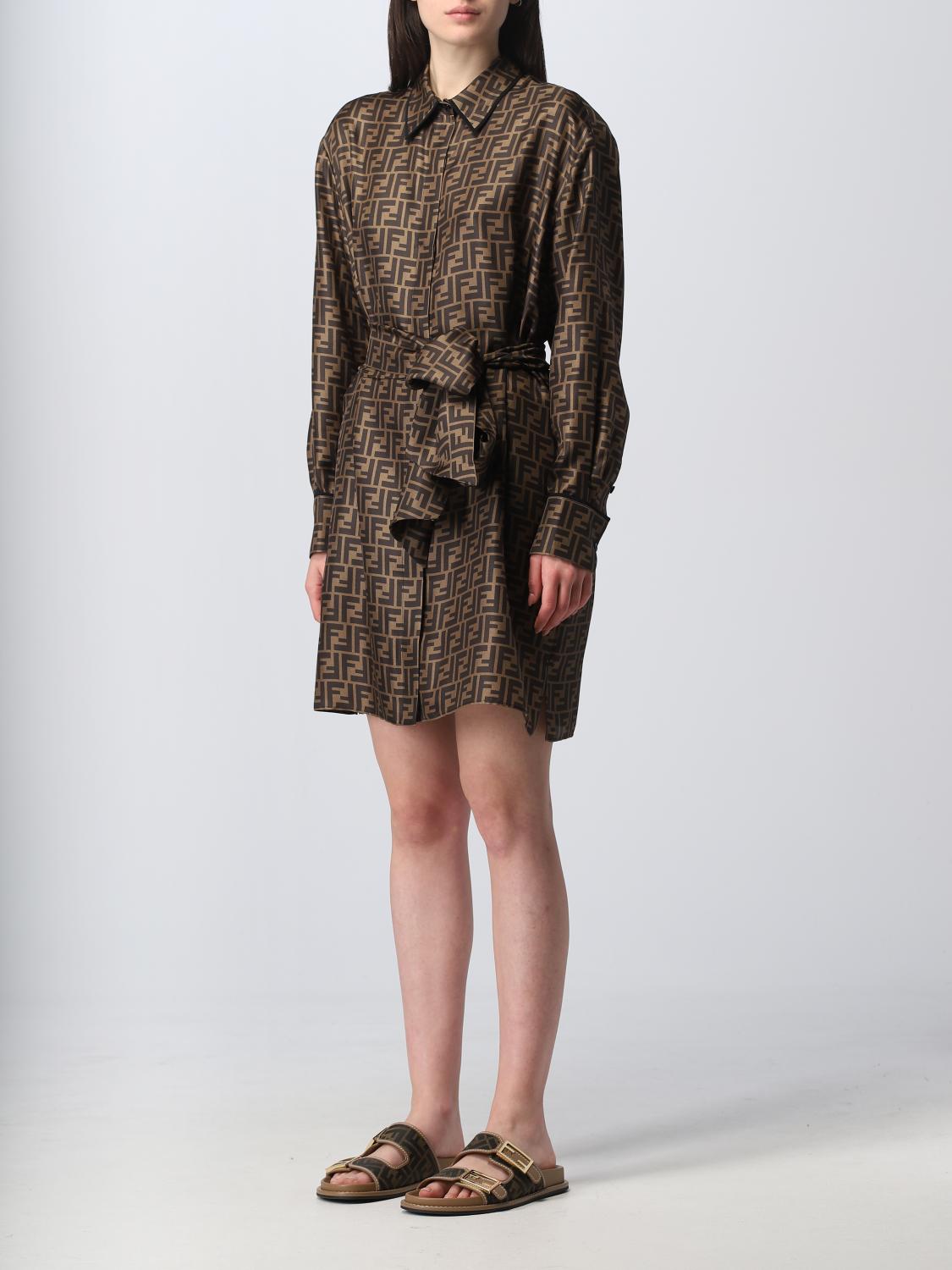 FENDI ABITO: Abito chemisier Fendi in twill, Tabacco - Img 3