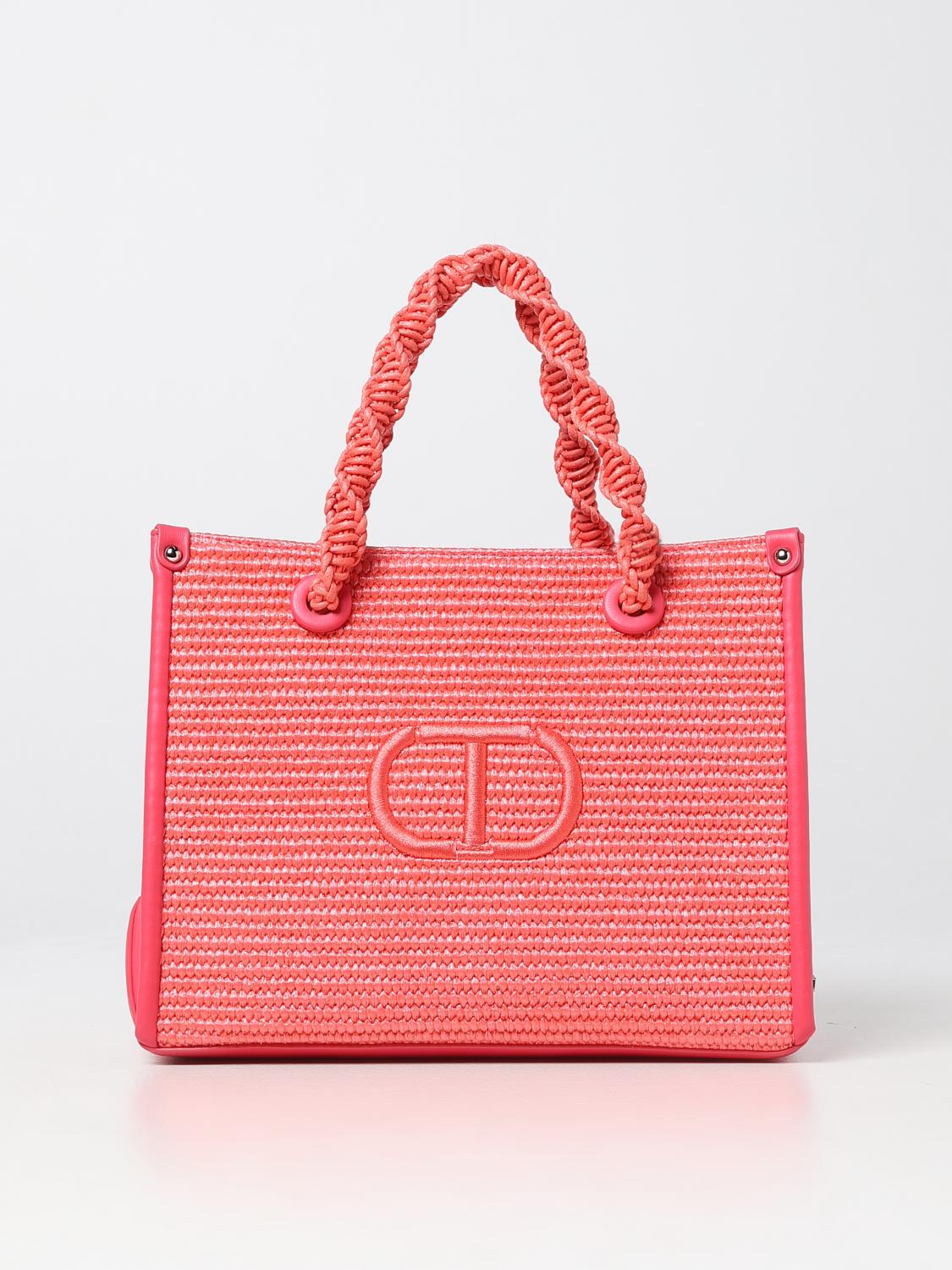 TWINSET BORSA A MANO: Borsa Twinset in pelle sintetica e rafia intrecciata, Corallo - Img 1