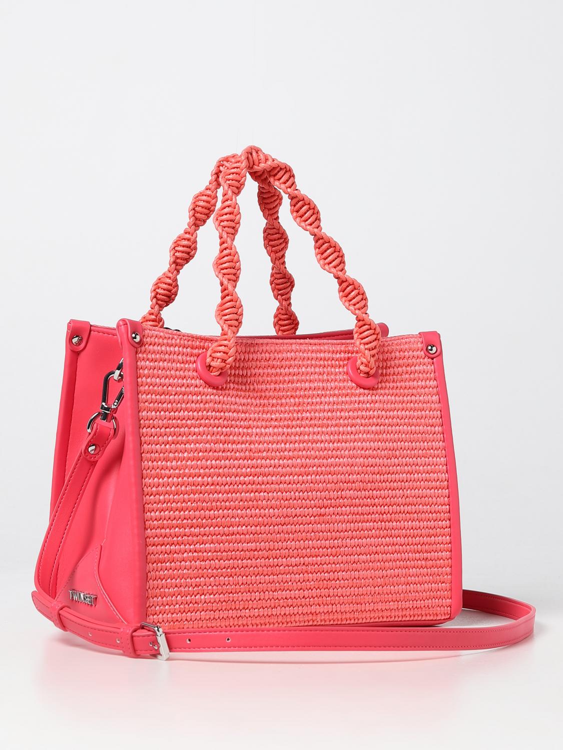 TWINSET BORSA A MANO: Borsa Twinset in pelle sintetica e rafia intrecciata, Corallo - Img 2