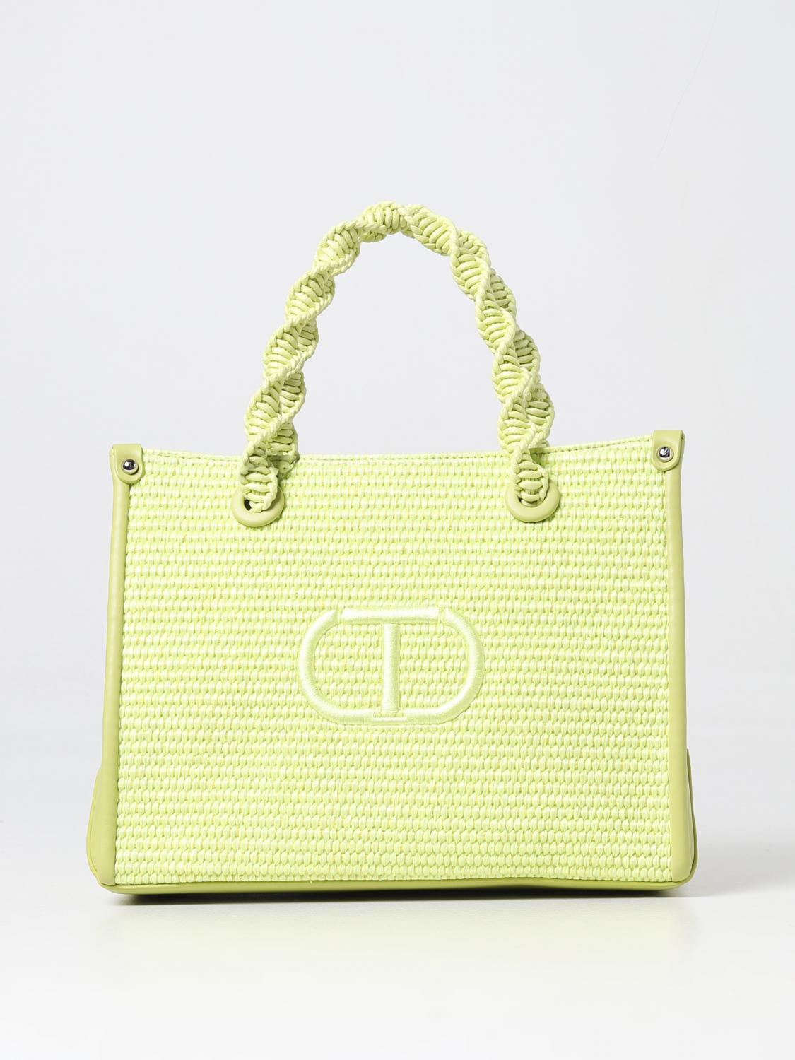 TWINSET BORSA A MANO: Borsa Twinset in pelle sintetica e rafia intrecciata, Lime - Img 1