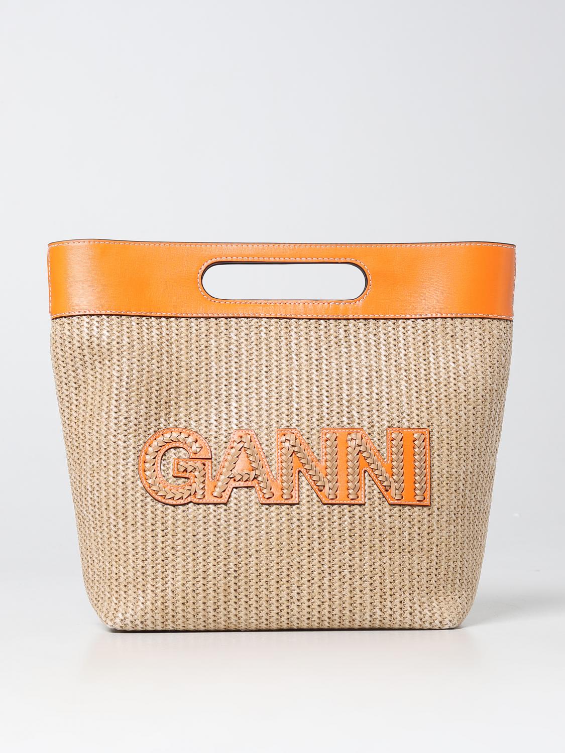 GANNI BORSA A MANO: Borsa Ganni in rafia e pelle riciclata, Beige - Img 1