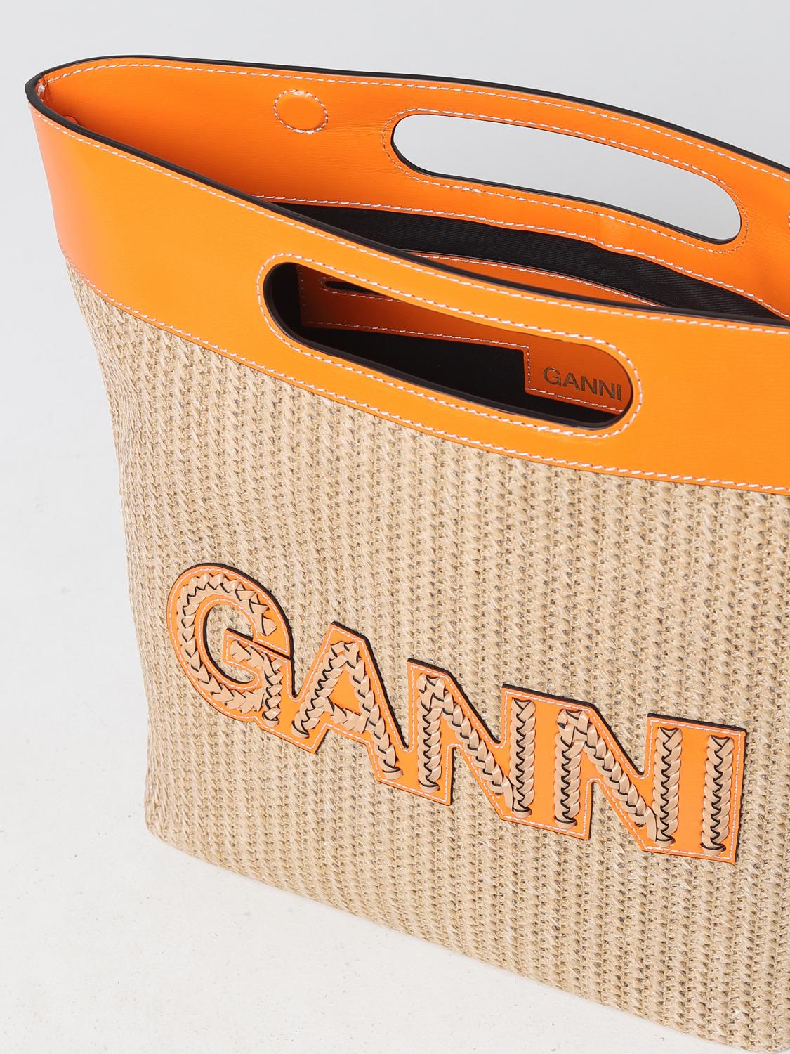 GANNI BORSA A MANO: Borsa Ganni in rafia e pelle riciclata, Beige - Img 3