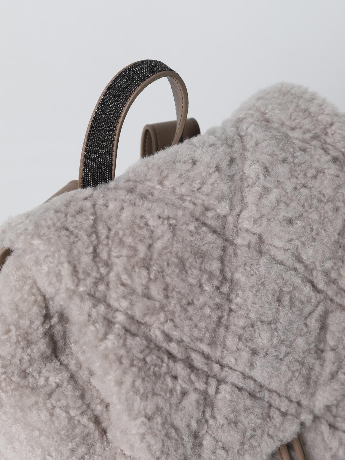 BRUNELLO CUCINELLI ZAINO: Zaino Brunello Cucinelli in shearling e pelle, Beige - Img 3