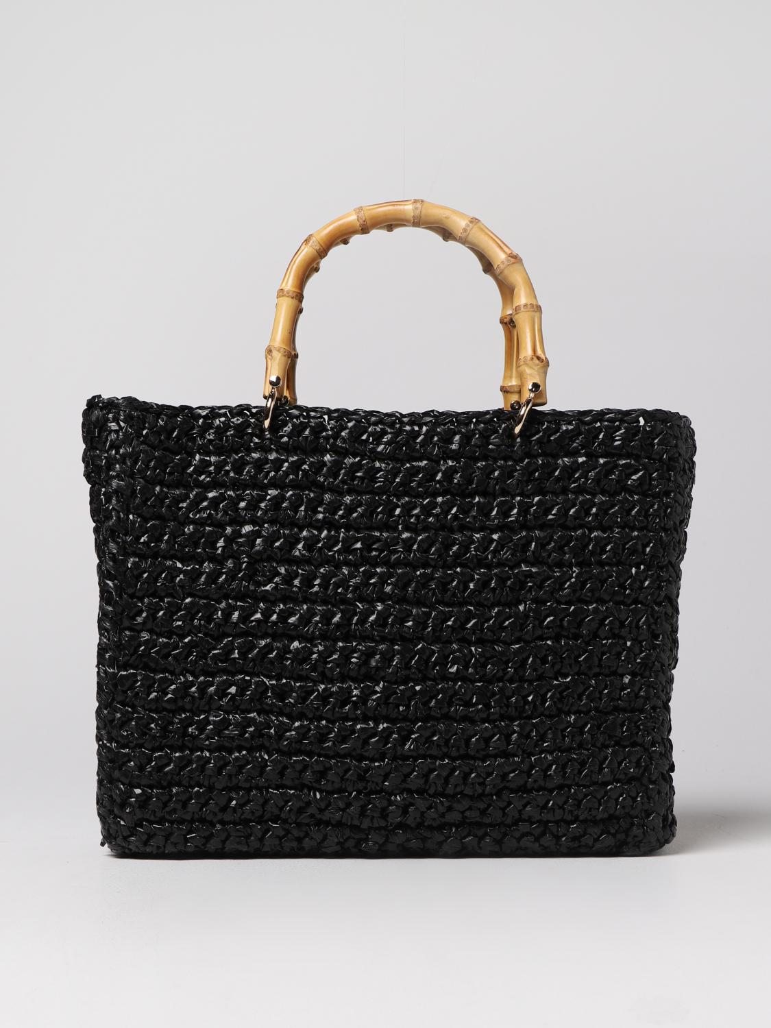 CHICA BORSA A MANO: Borsa Luna Chica in carta tessile con doppi manici in bambù, Nero - Img 1
