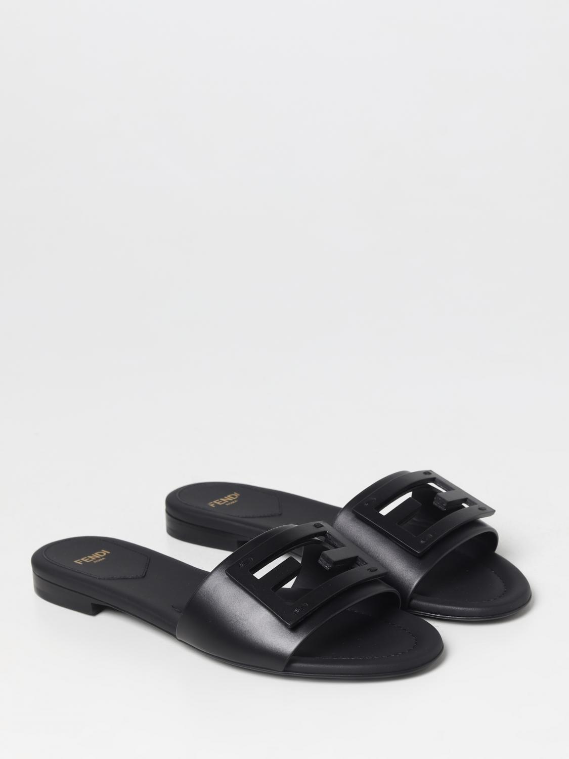 FENDI: baguette leather slides - Black | Fendi flat sandals