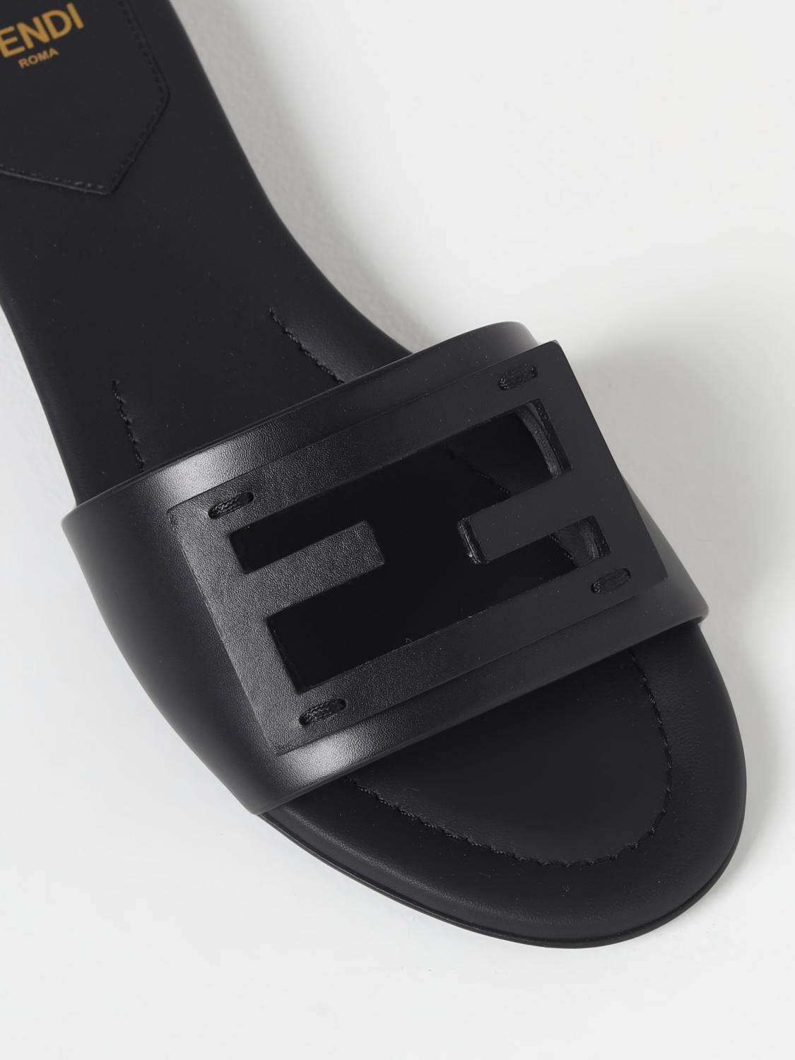 FENDI: baguette leather slides - Black | Fendi flat sandals