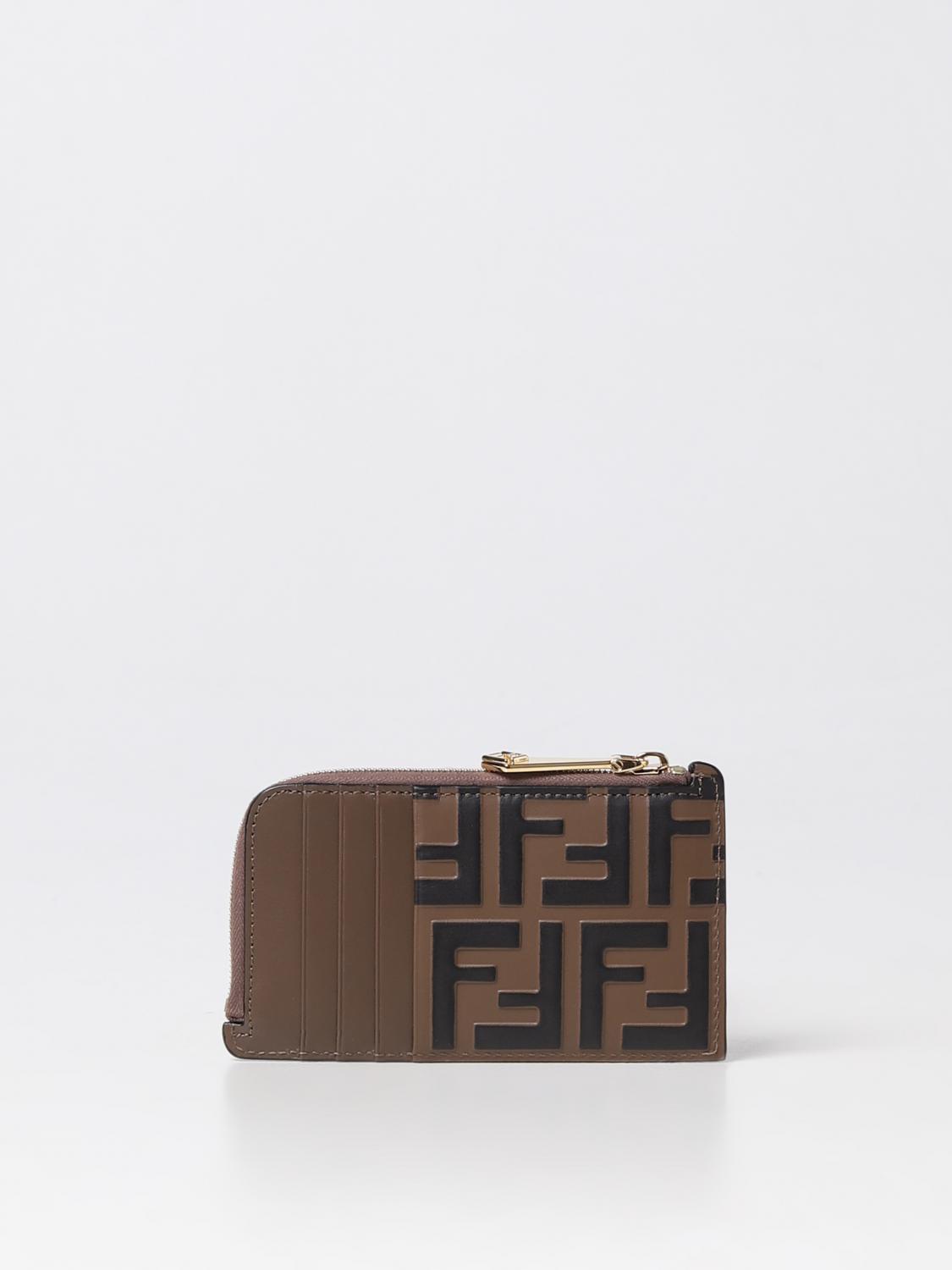 Fendi credit card holder in leather with FF print - Tobacco
