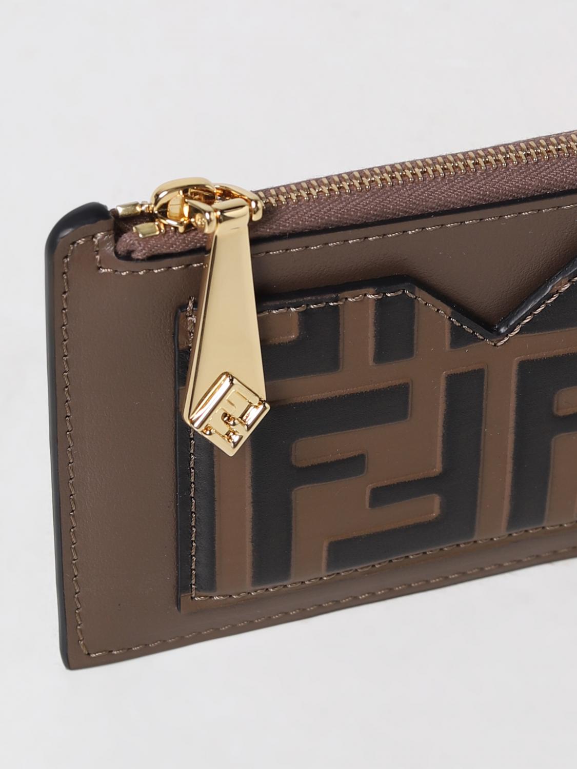 Fendi credit card holder in leather with FF print - Tobacco