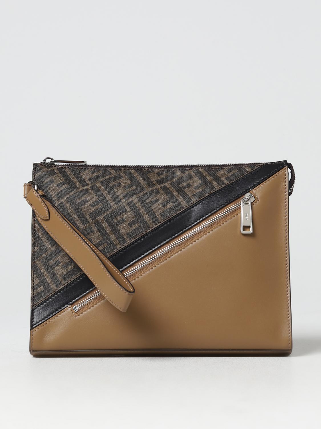 FENDI clutch in leather and coated canvas with FF monogram Tobacco Fendi briefcase 7VA491AJF8 online at GIGLIO.COM