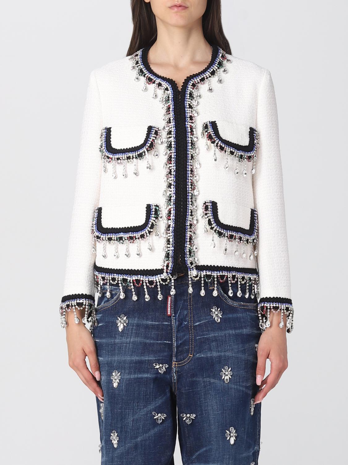 DSQUARED2 ホワイト クロップドジャケット 40 Dsquared2 tweed jacket with decorative crystals - White