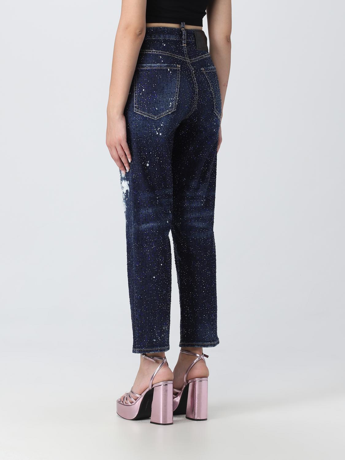 DSQUARED2: jeans in used effect denim with rhinestones