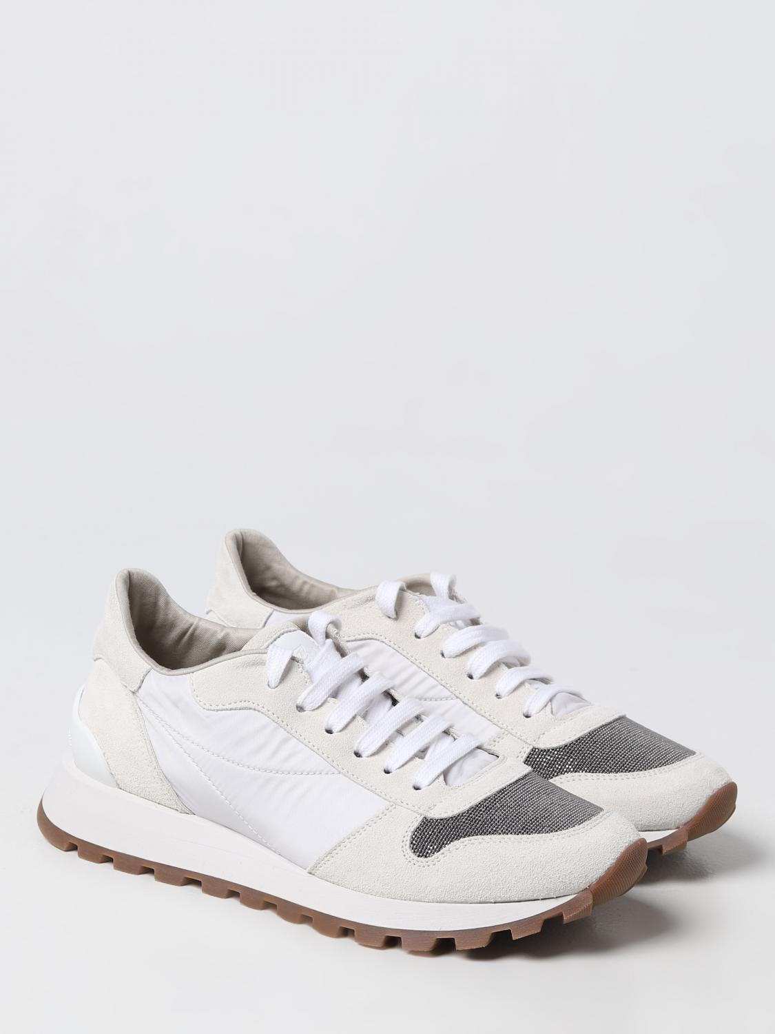 Brunello Cucinelli sneakers in nylon and suede with monili - White