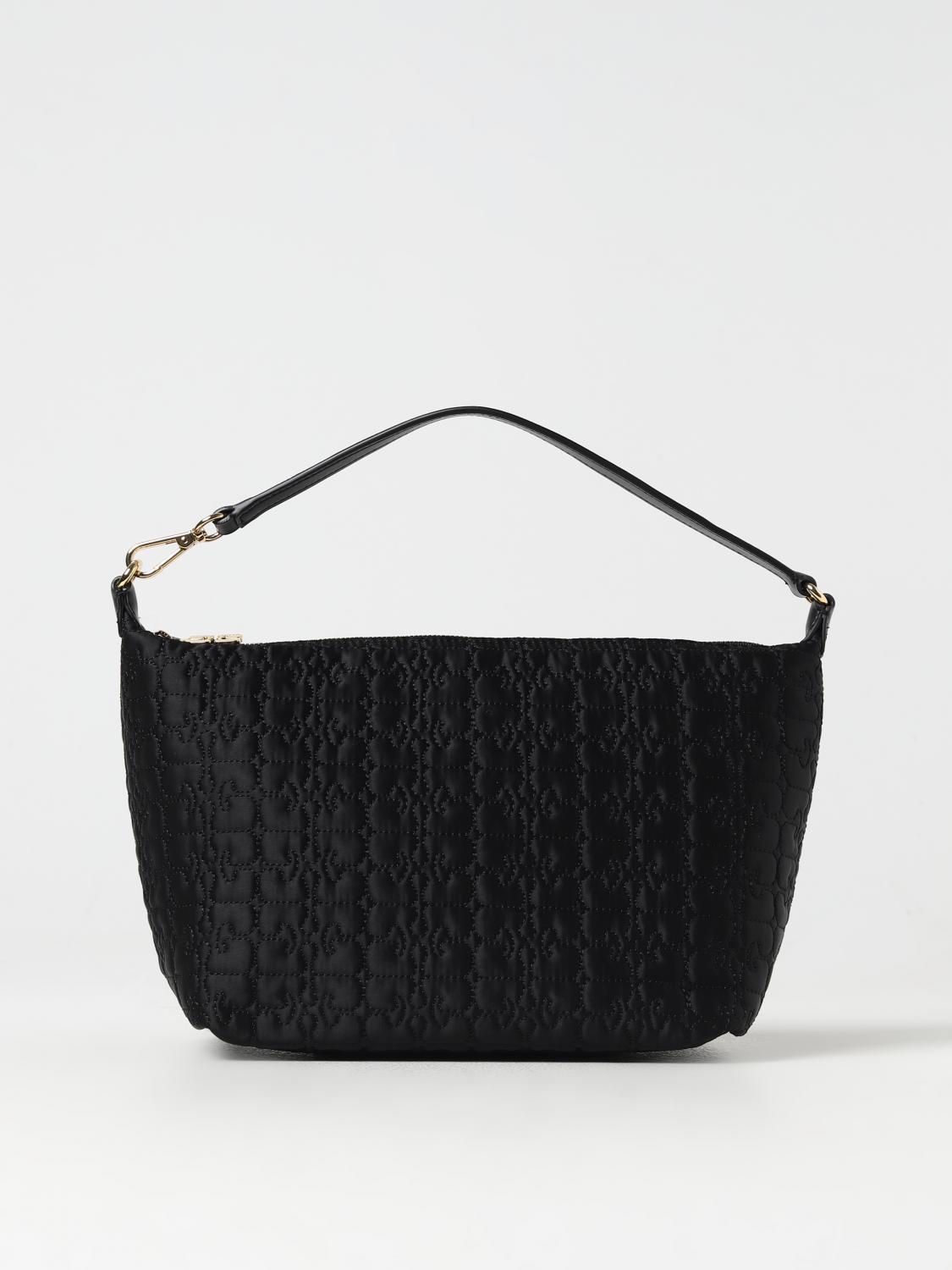GANNI BORSA A SPALLA: Borsa Butterfly Ganni in nylon riciclato con logo, Nero - Img 1