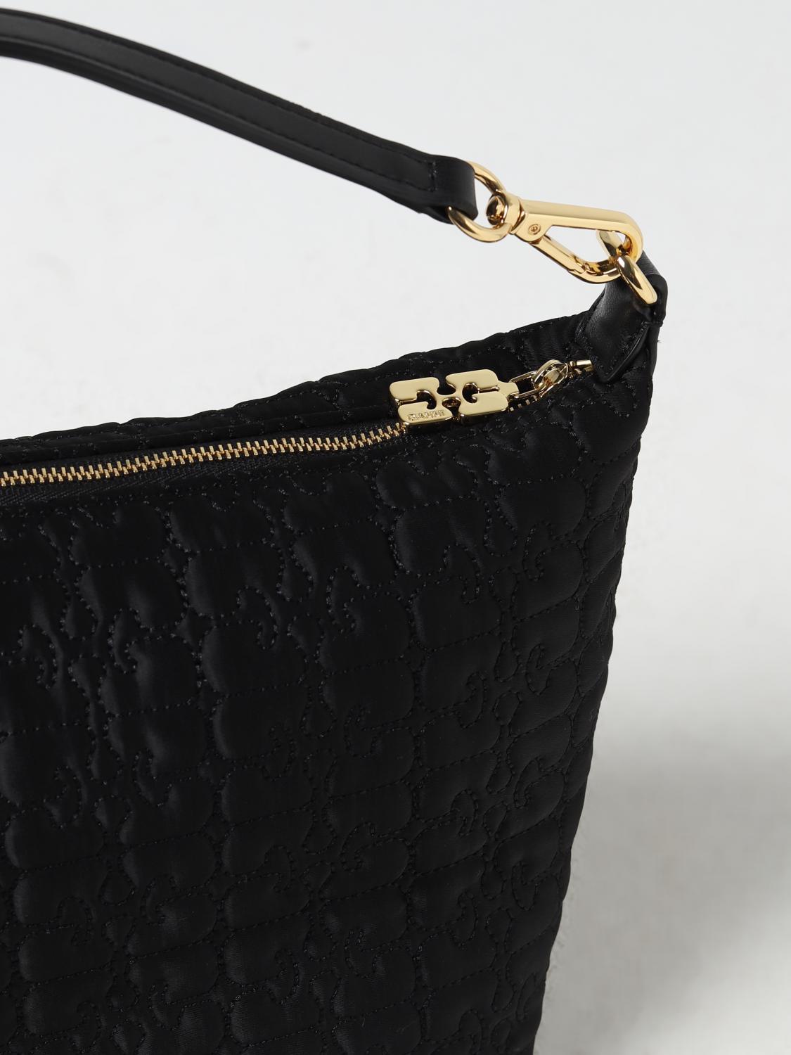 GANNI BORSA A SPALLA: Borsa Butterfly Ganni in nylon riciclato con logo, Nero - Img 3