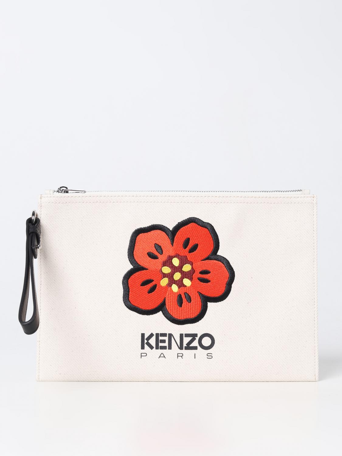 KENZO PORTADOCUMENTI: Clutch Kenzo in canvas con logo, Ecru - Img 1