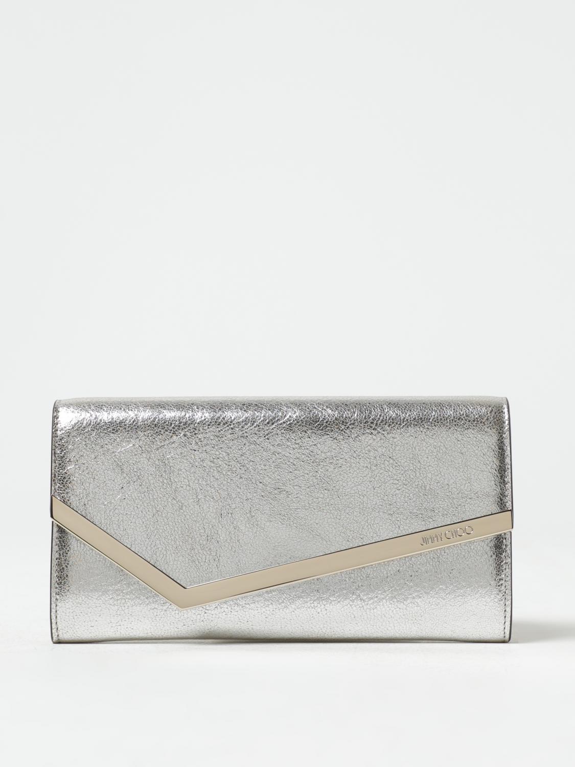 JIMMY CHOO BORSA MINI: Borsa wallet Emmie Jimmy Choo in pelle cracklè, Champagne - Img 1
