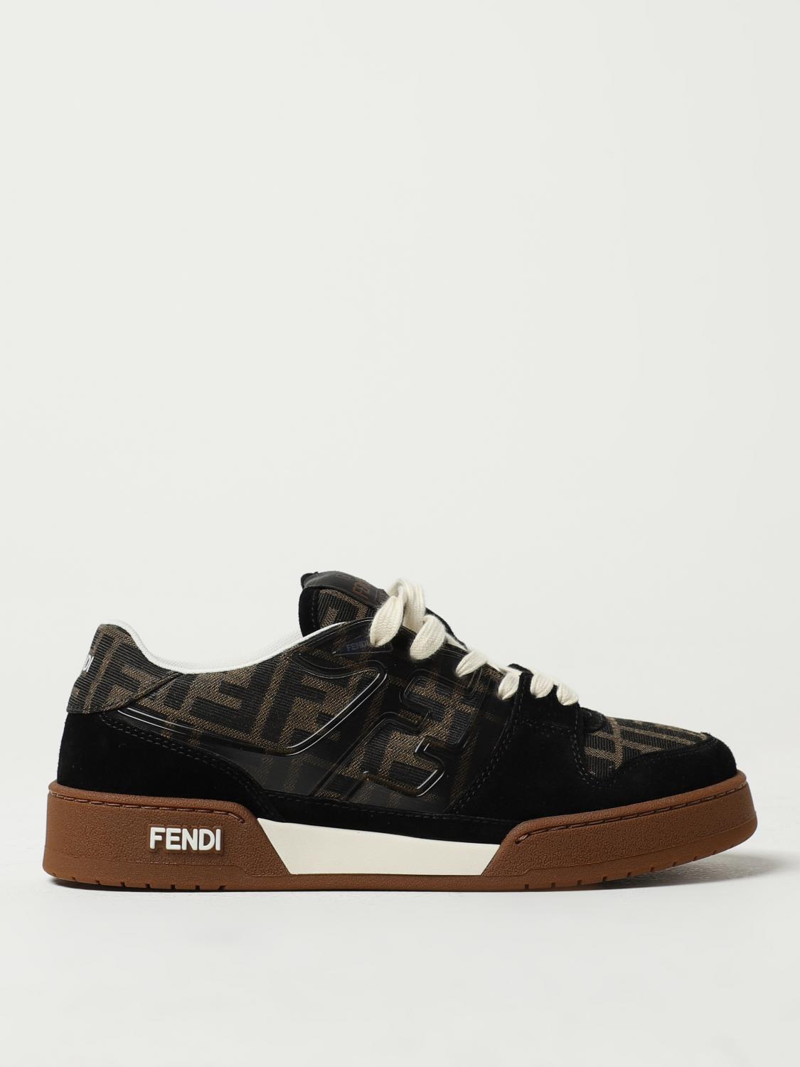 FENDI BASKETS: Baskets Match Fendi en toile avec monogramme FF jacquard et daim, Tabac - Img 1