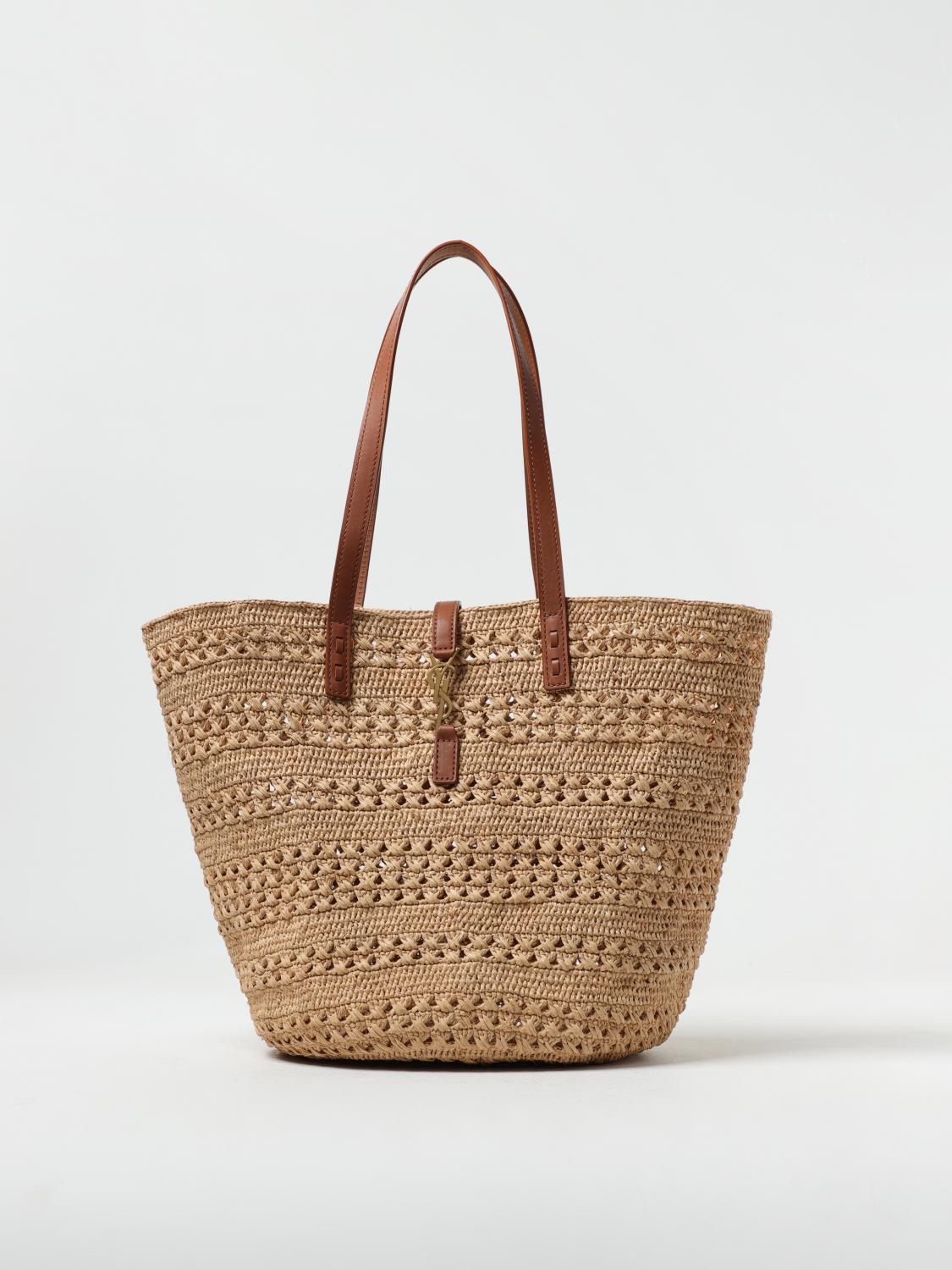 SAINT LAURENT: Panier bag in woven raffia and leather Natural