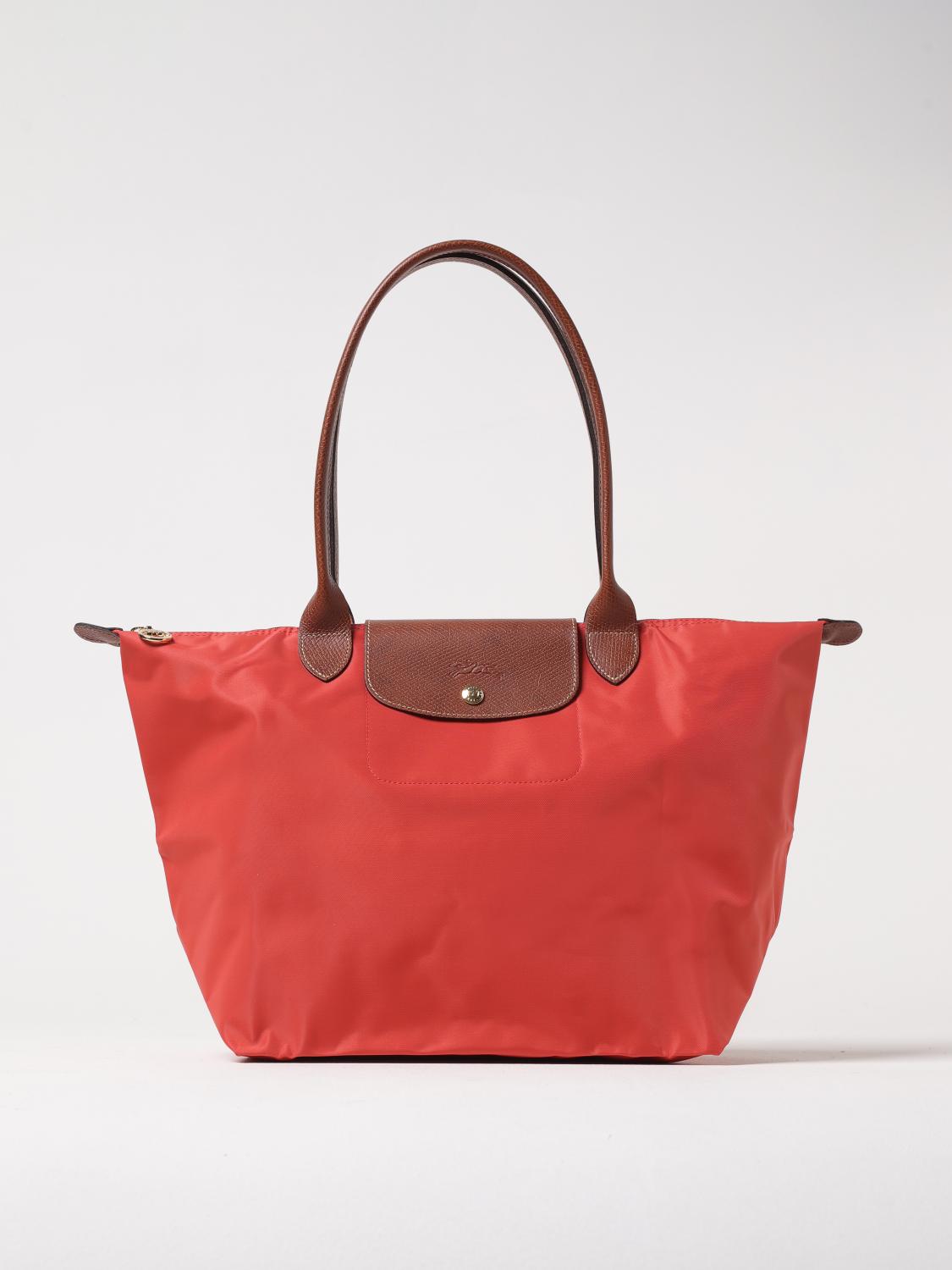 LONGCHAMP BORSA A SPALLA: Borsa Le Pliage Original L Longchamp in nylon riciclato e pelle, Corallo - Img 1