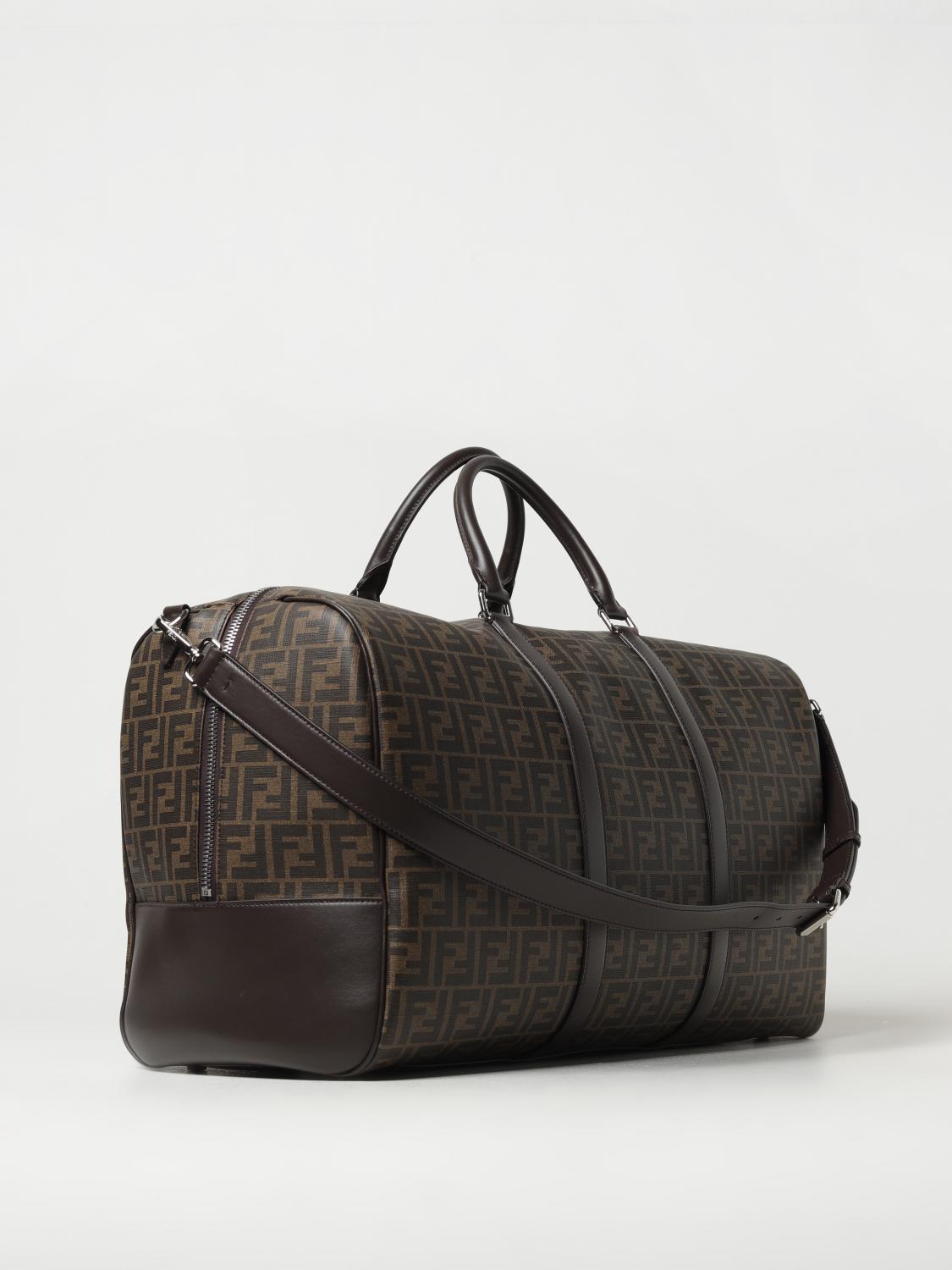 FENDI VALIGIA: Borsone Duffle Fendi in cotone spalmato con monogram FF all over, Tabacco - Img 2