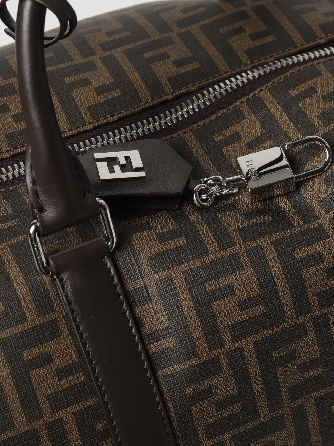 FENDI VALIGIA: Borsone Duffle Fendi in cotone spalmato con monogram FF all over, Tabacco - Img 3