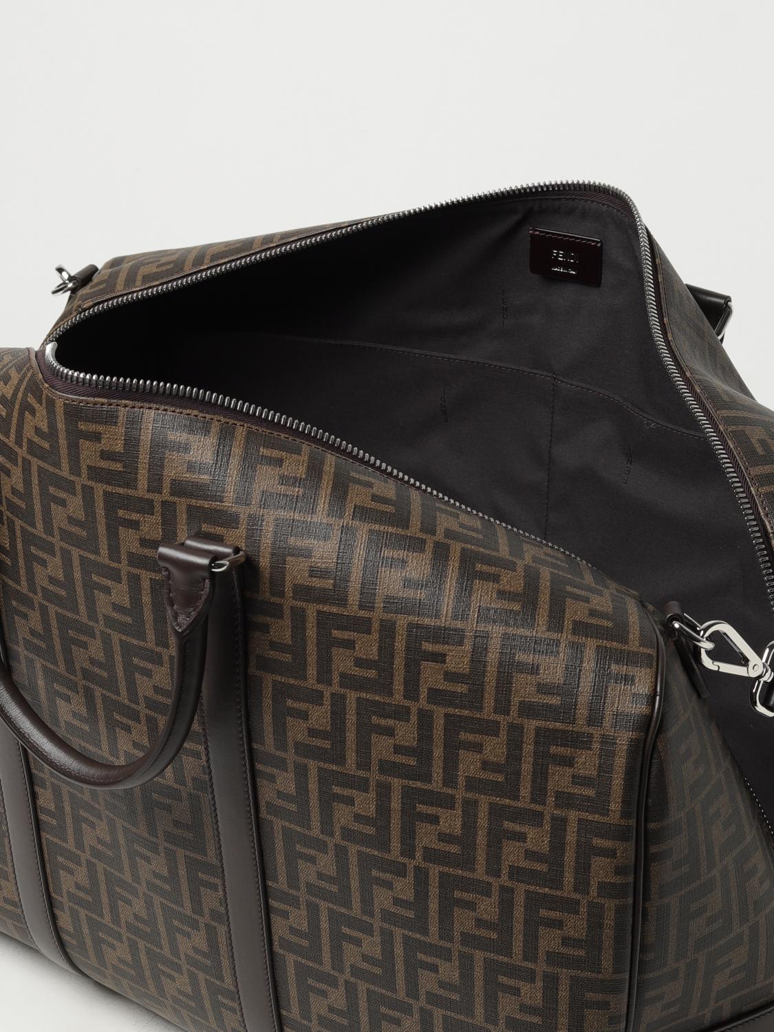 FENDI VALIGIA: Borsone Duffle Fendi in cotone spalmato con monogram FF all over, Tabacco - Img 4