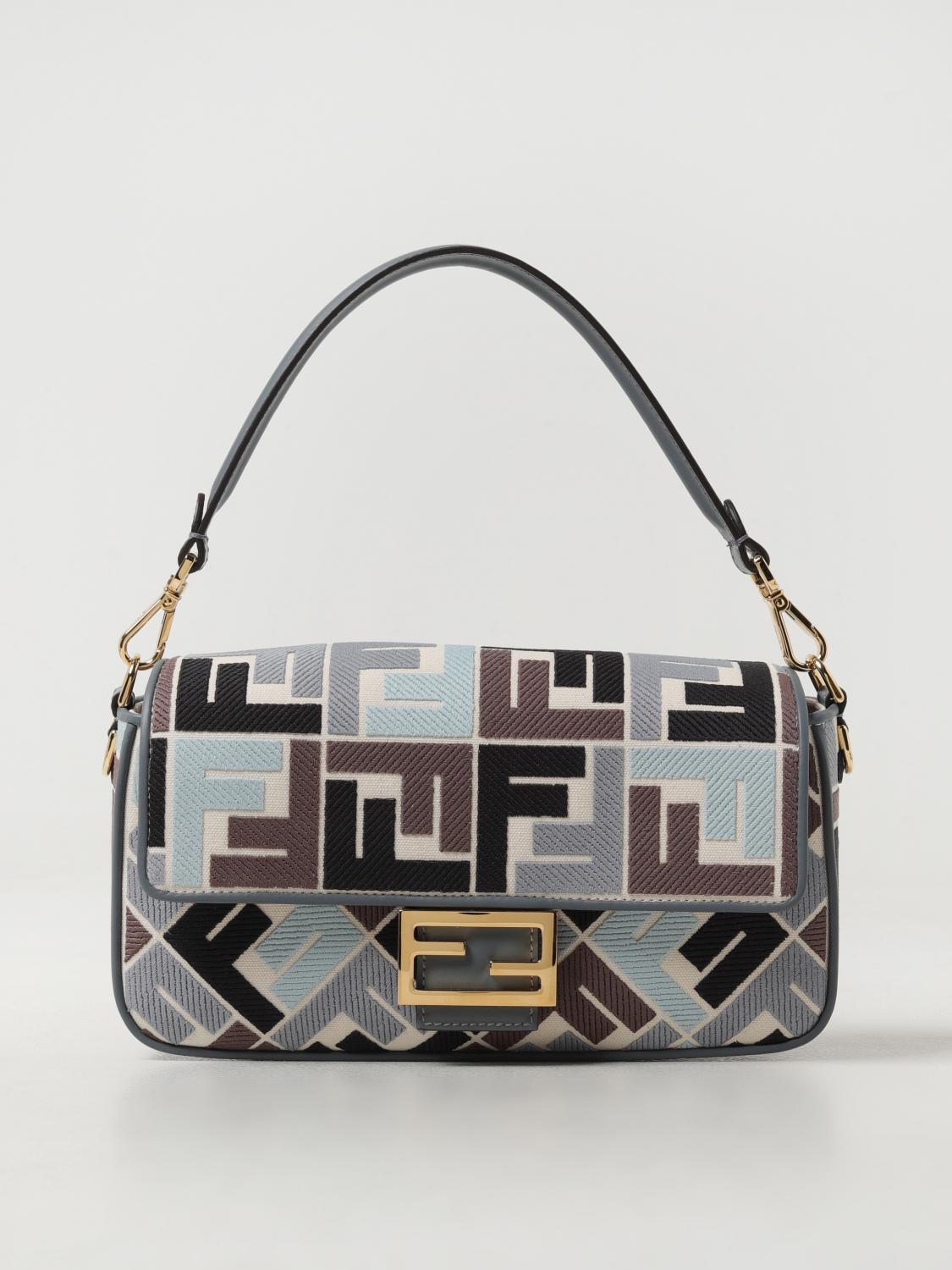 FENDI: Borsa Baguette in cotone e pelle Celeste Borsa A Spalla