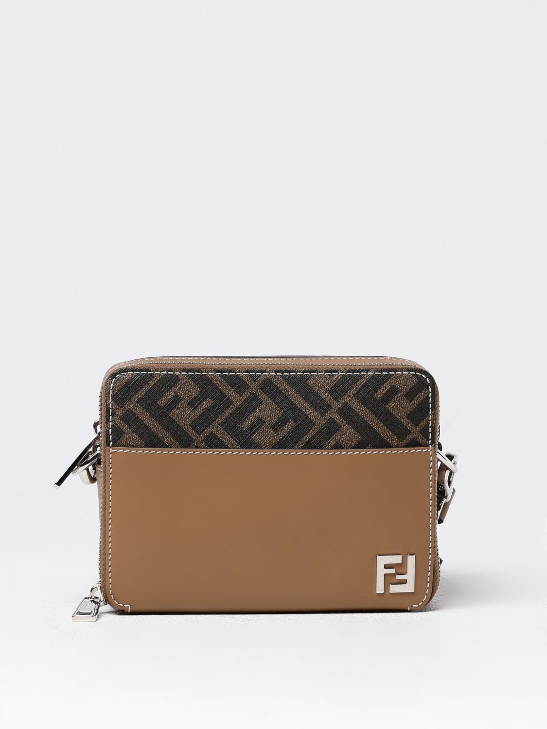 FENDI BORSA A TRACOLLA: Borsa Squared FF Fendi in pelle e tela FF , Tabacco - Img 1