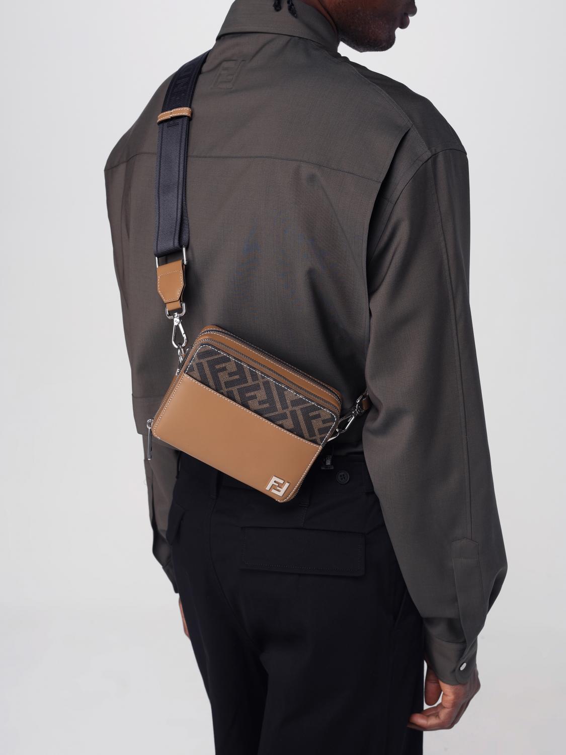 FENDI BORSA A TRACOLLA: Borsa Squared FF Fendi in pelle e tela FF , Tabacco - Img 2