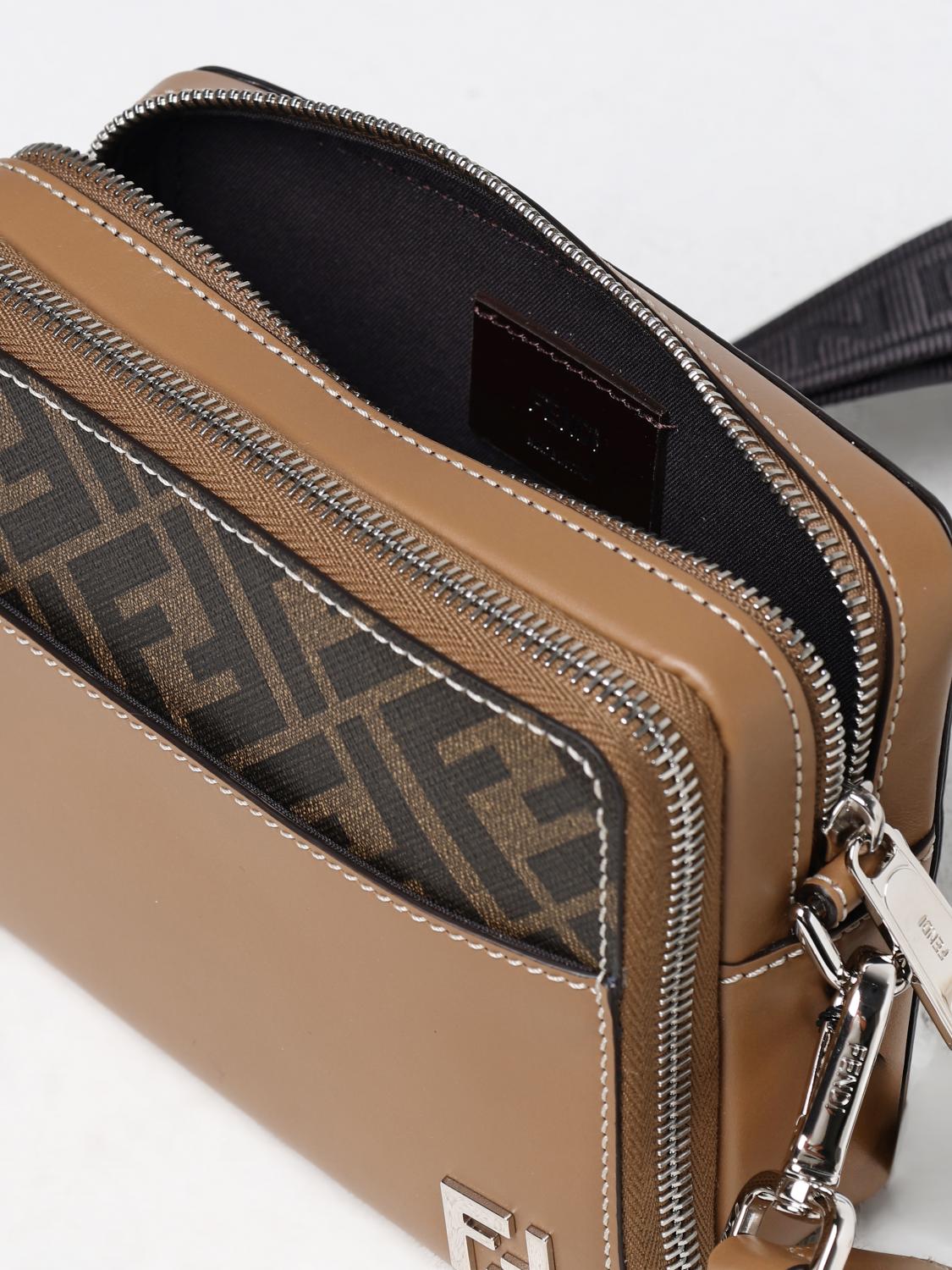 FENDI BORSA A TRACOLLA: Borsa Squared FF Fendi in pelle e tela FF , Tabacco - Img 5
