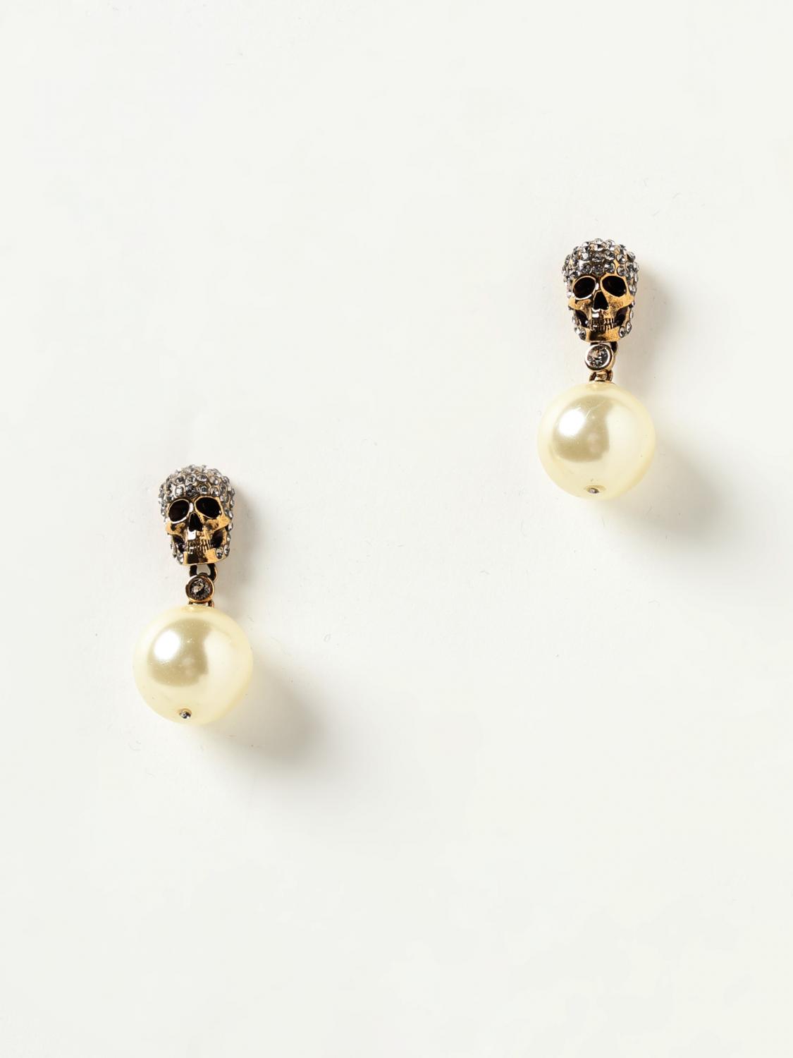 MCQUEEN GIOIELLO: Orecchini Skull McQueen in ottone con strass incastonati e perla sintetica , Oro - Img 1