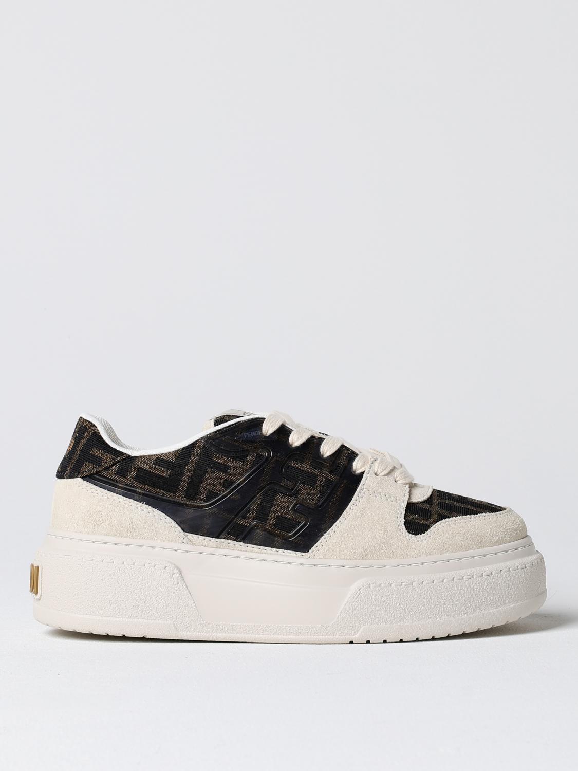 FENDI BASKETS: Sneakers Match Fendi en cuir et tissu monogramme FF, Tabac - Img 1