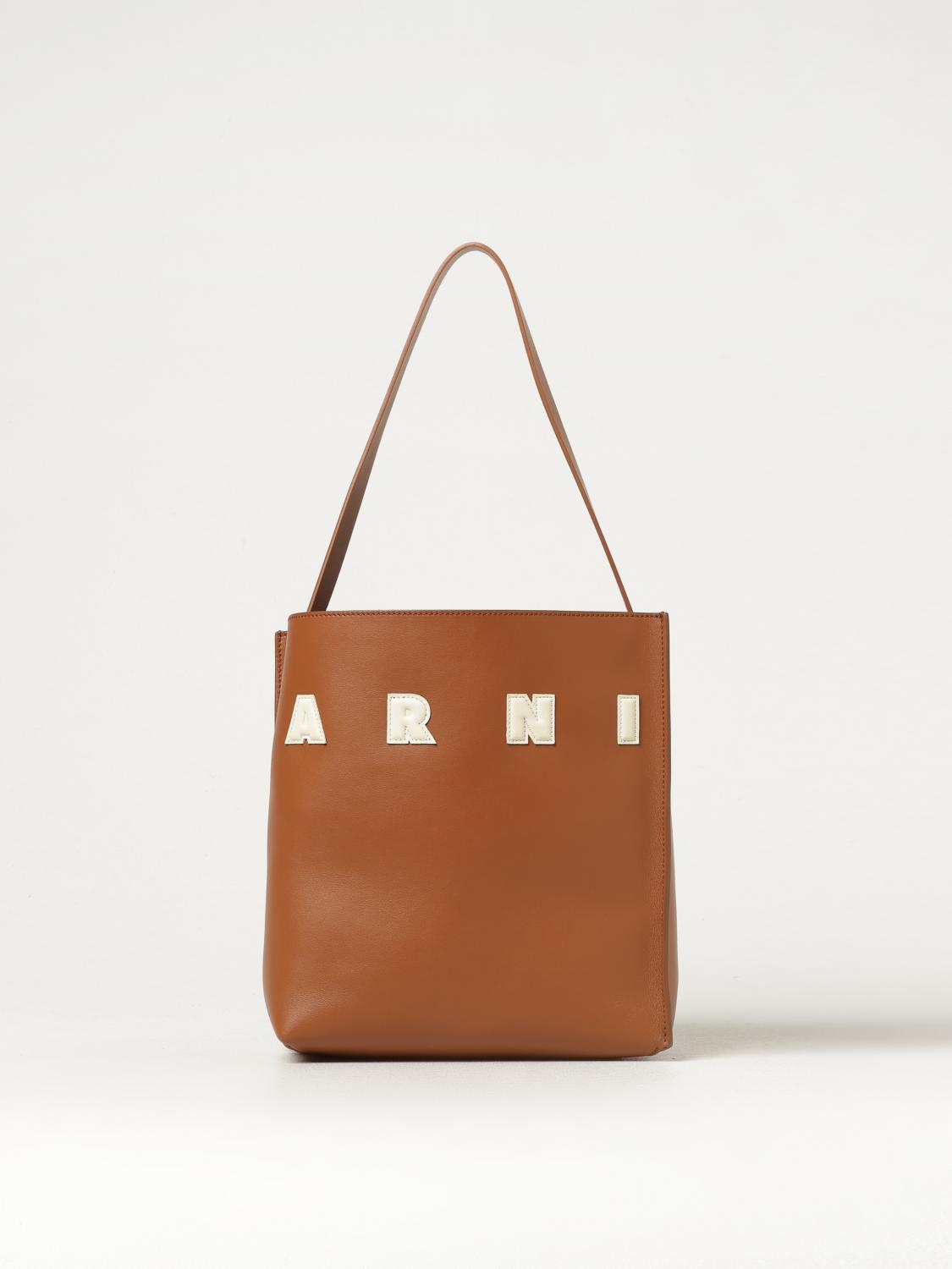 MARNI BORSA A SPALLA: Borsa Museo Marni in pelle con logo , Cammello - Img 1